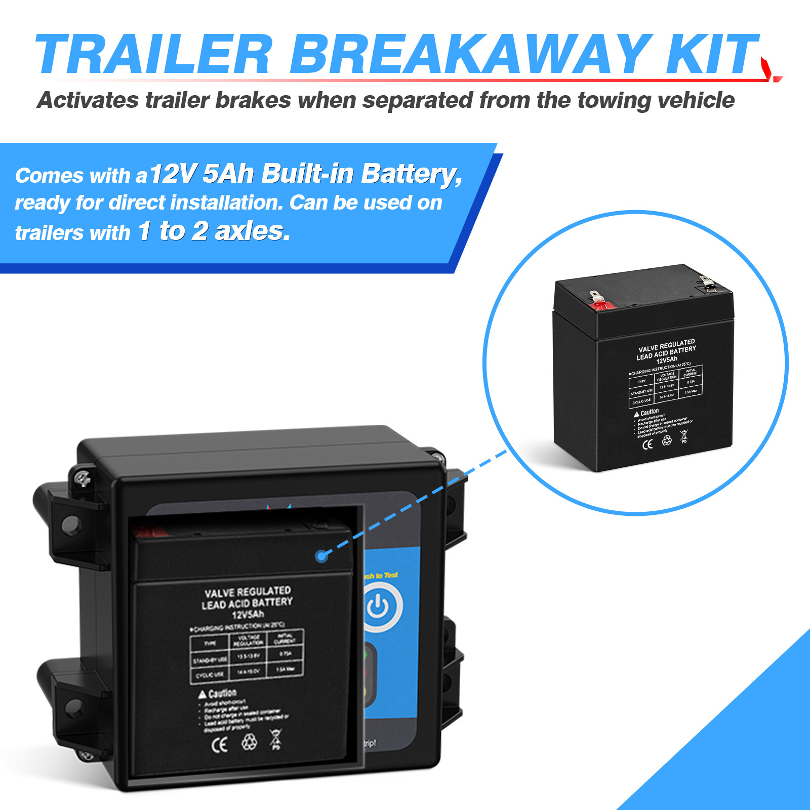 Trailer Break-Away Electric Brake System, Separation Runaway Kit w/LED Indicator