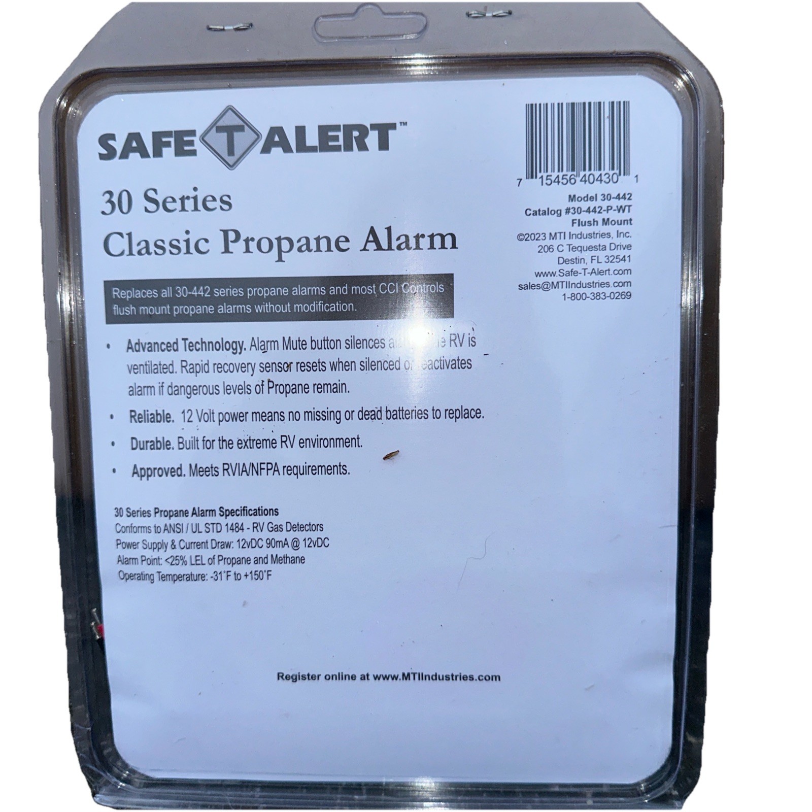 MTI Industries 30-442-P-WT Safe T Alert 30 Series Propane/LP Gas Alarm – Flush M