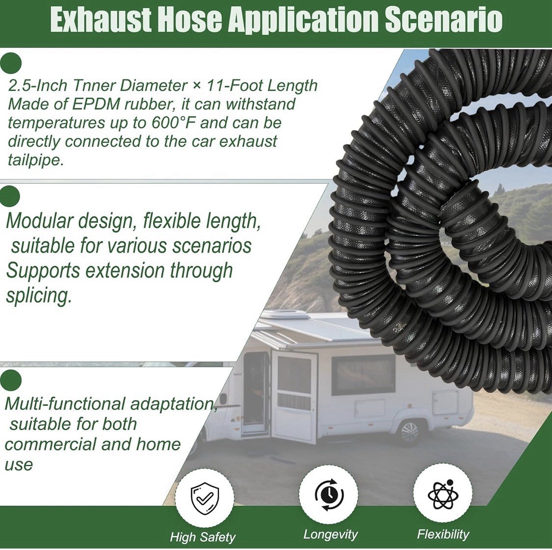 2.5in x 11ft Heavy Duty Garage Exhaust Hose EPDM Rubber 600°F No Clamps