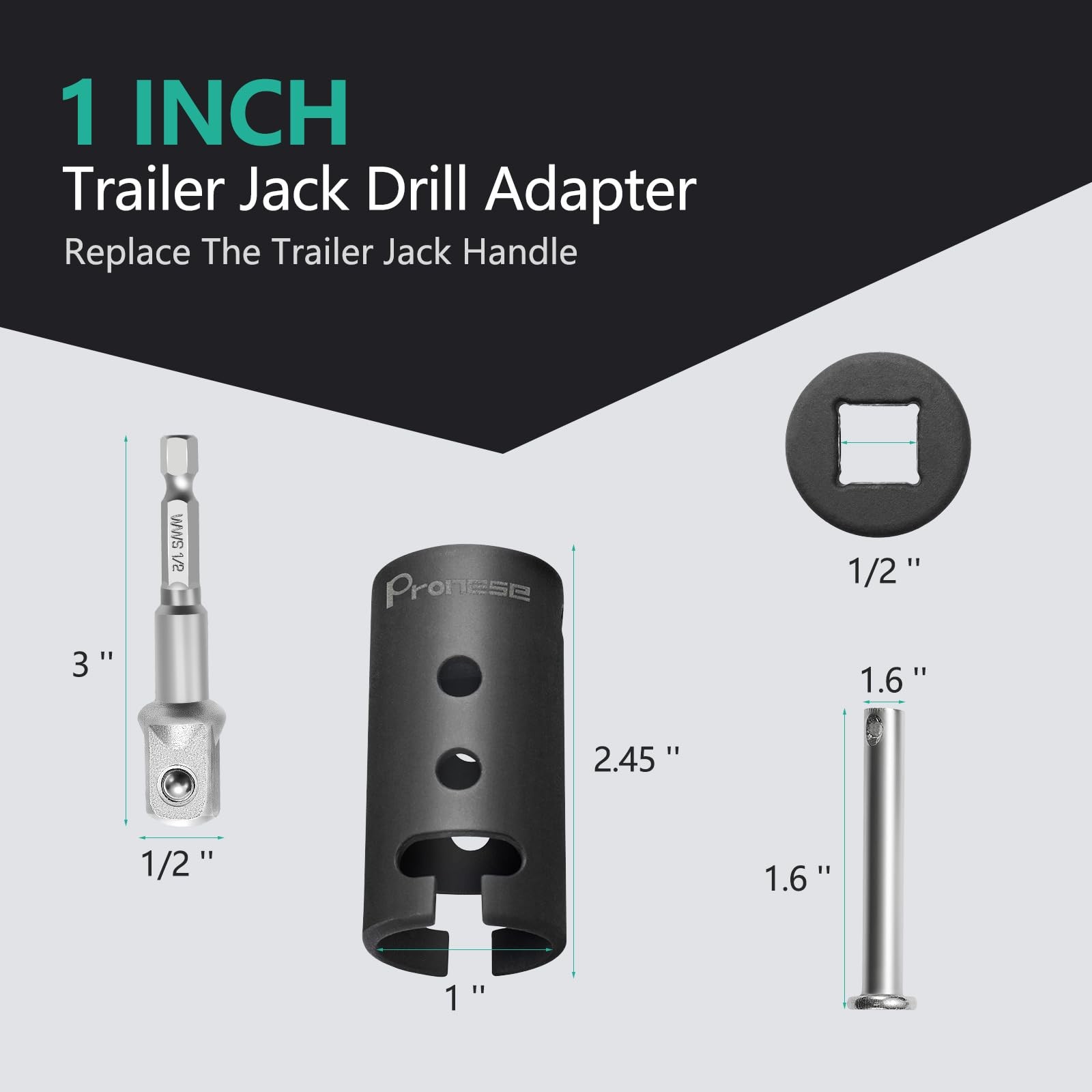 Pronese 1 Inch Trailer Jack Drill Adapter with Two 1/2 Socket Black