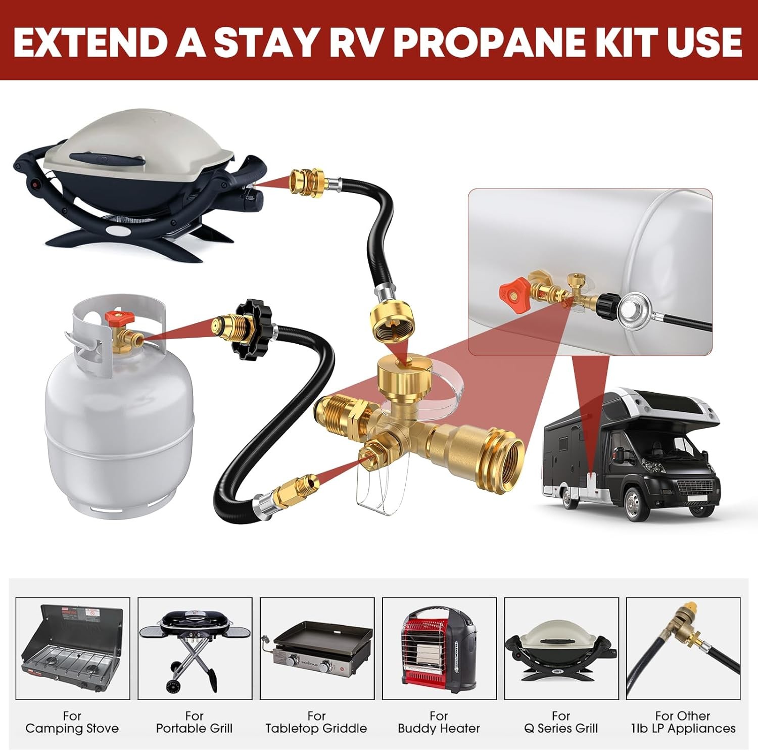 Extend a Stay Rv Propane Kit, 5FT & 12FT Hoses and Silver; Black