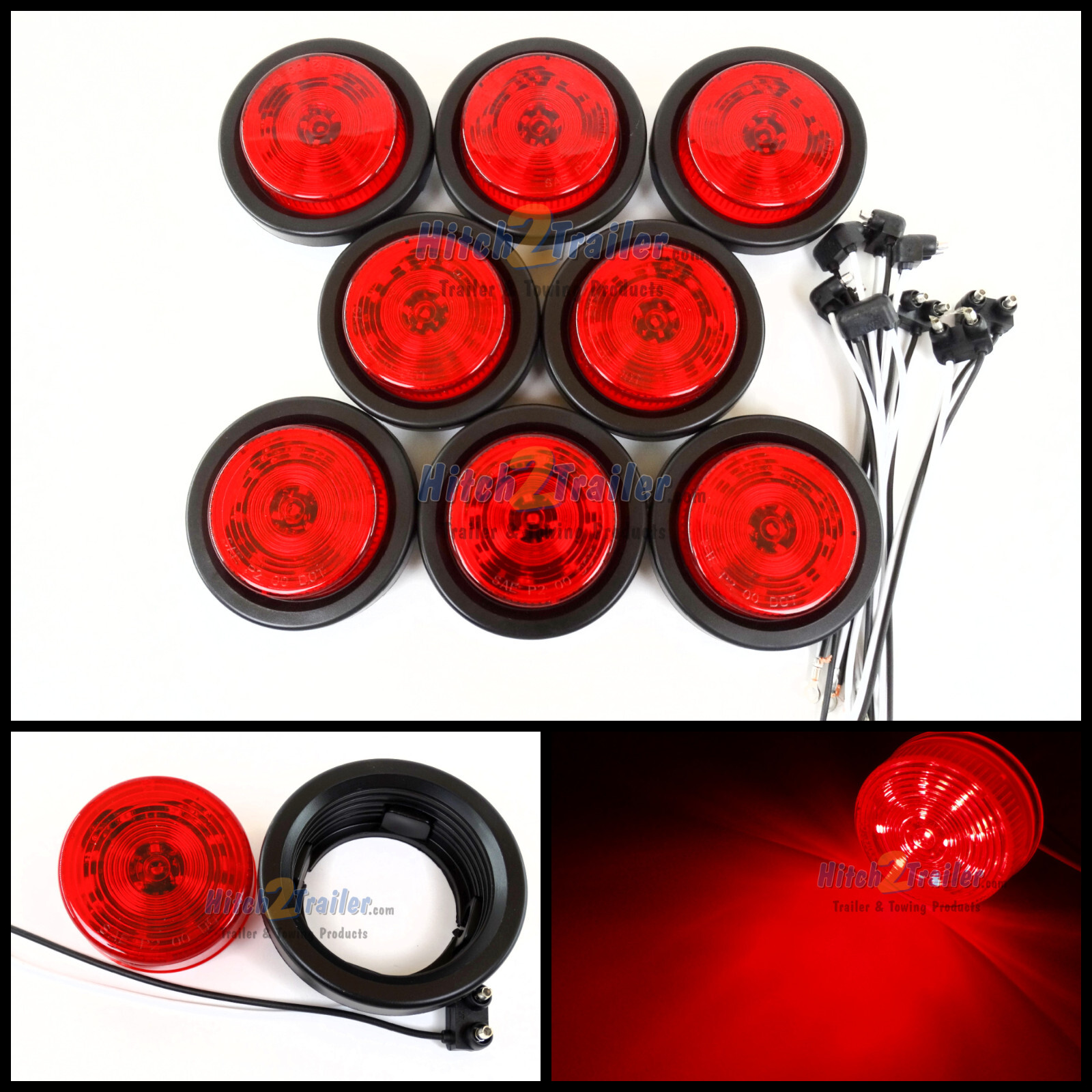 (8) RED 12 LED Light Trailer 2-1/2″ round,w/plug,Grommet Clearance marker 2.5″