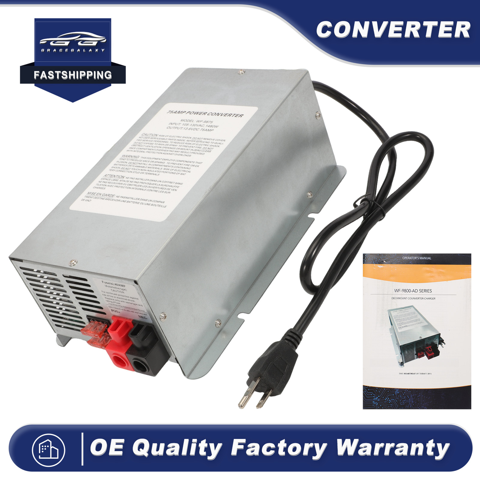 For WFCO WF-9875-AD-CB 75 Amp DC Auto Detect Deckmount Converter Charger WF-9800