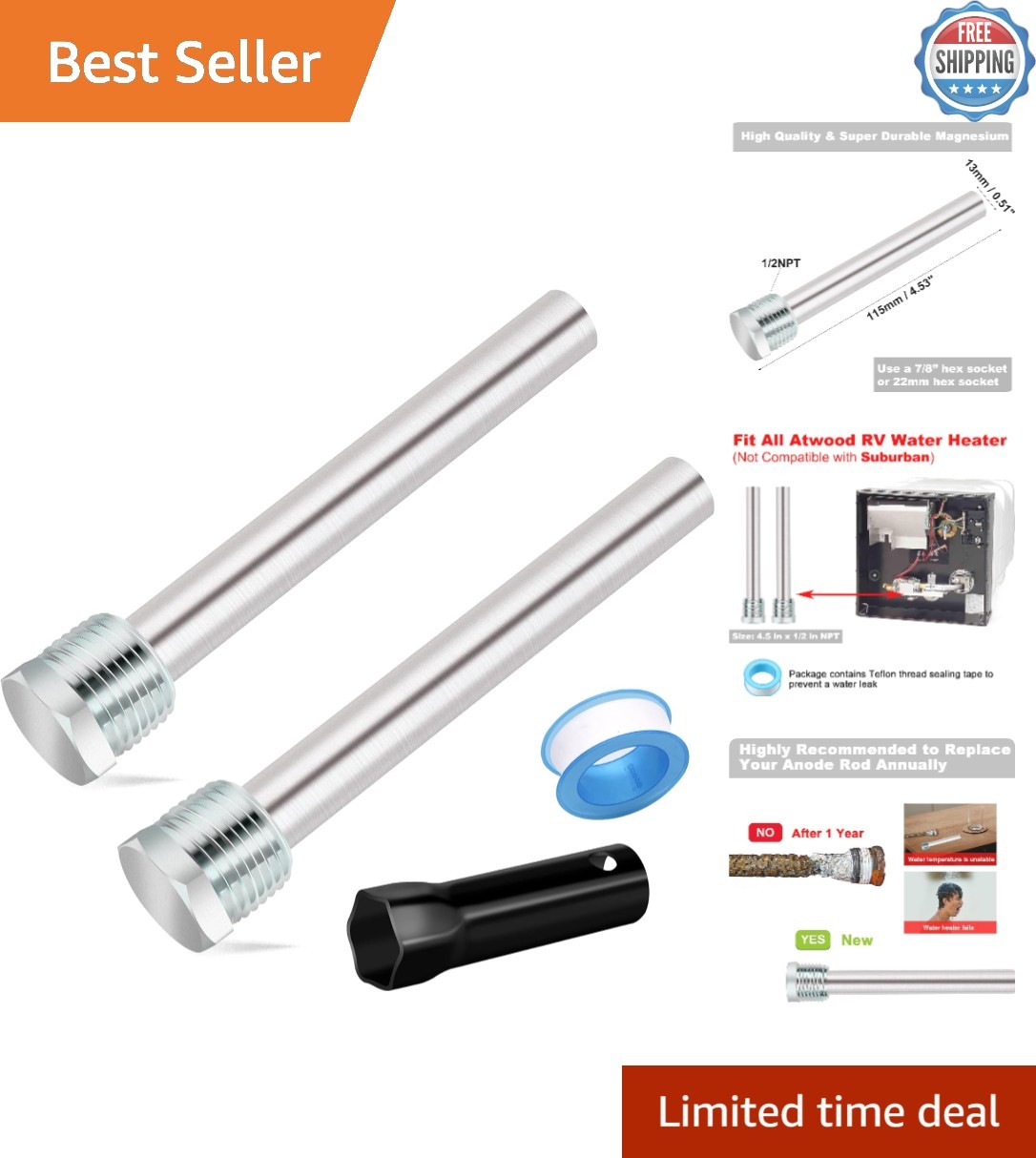 Corrosion-Resistant 2-Pack Anode Rods for Atwood and Suburban Water Heaters