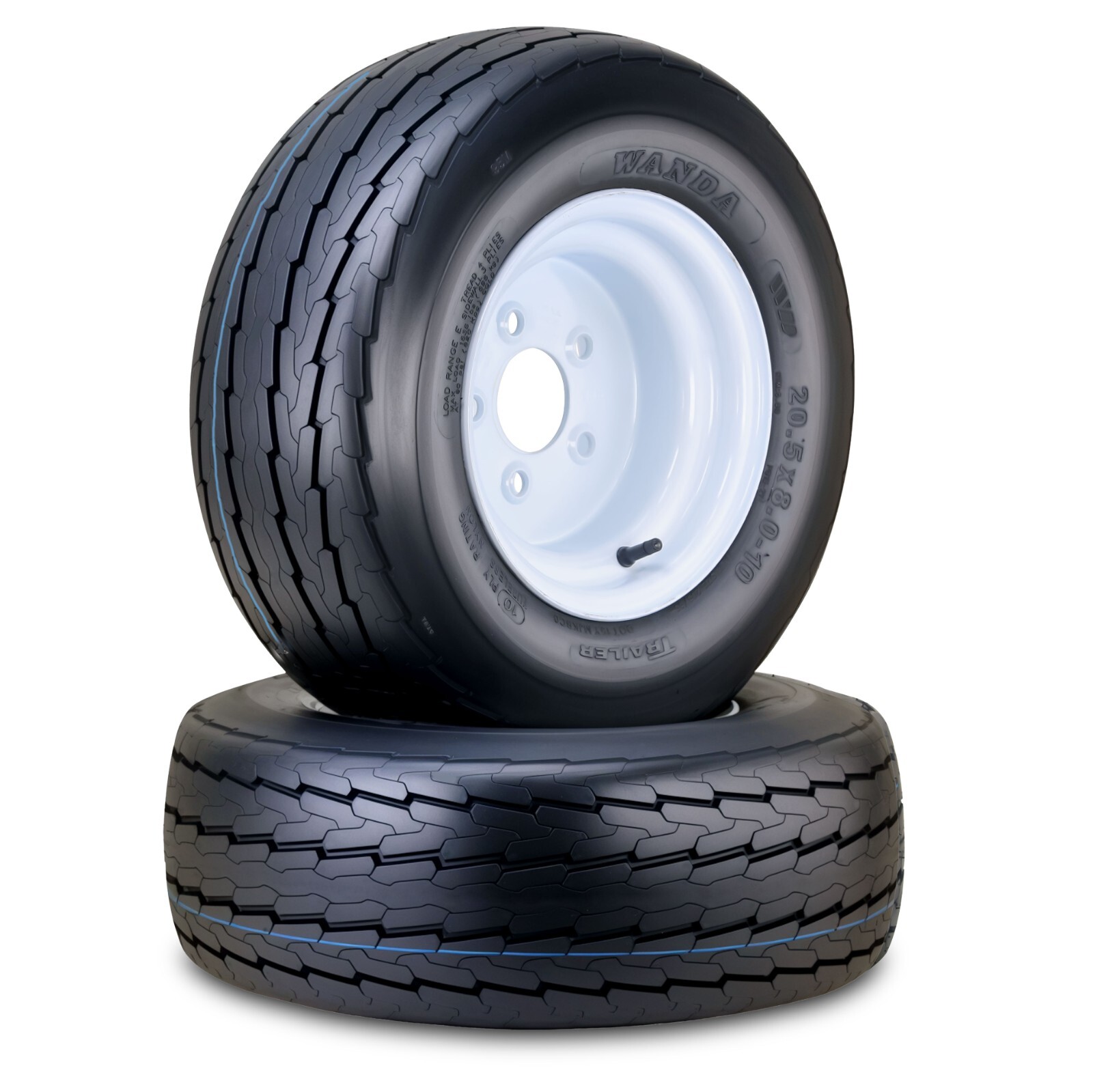 2 WANDA Trailer Tire Wheel Assembly 20.5×8-10 10-Ply w/5 Lugs on 4.5″ White Rim