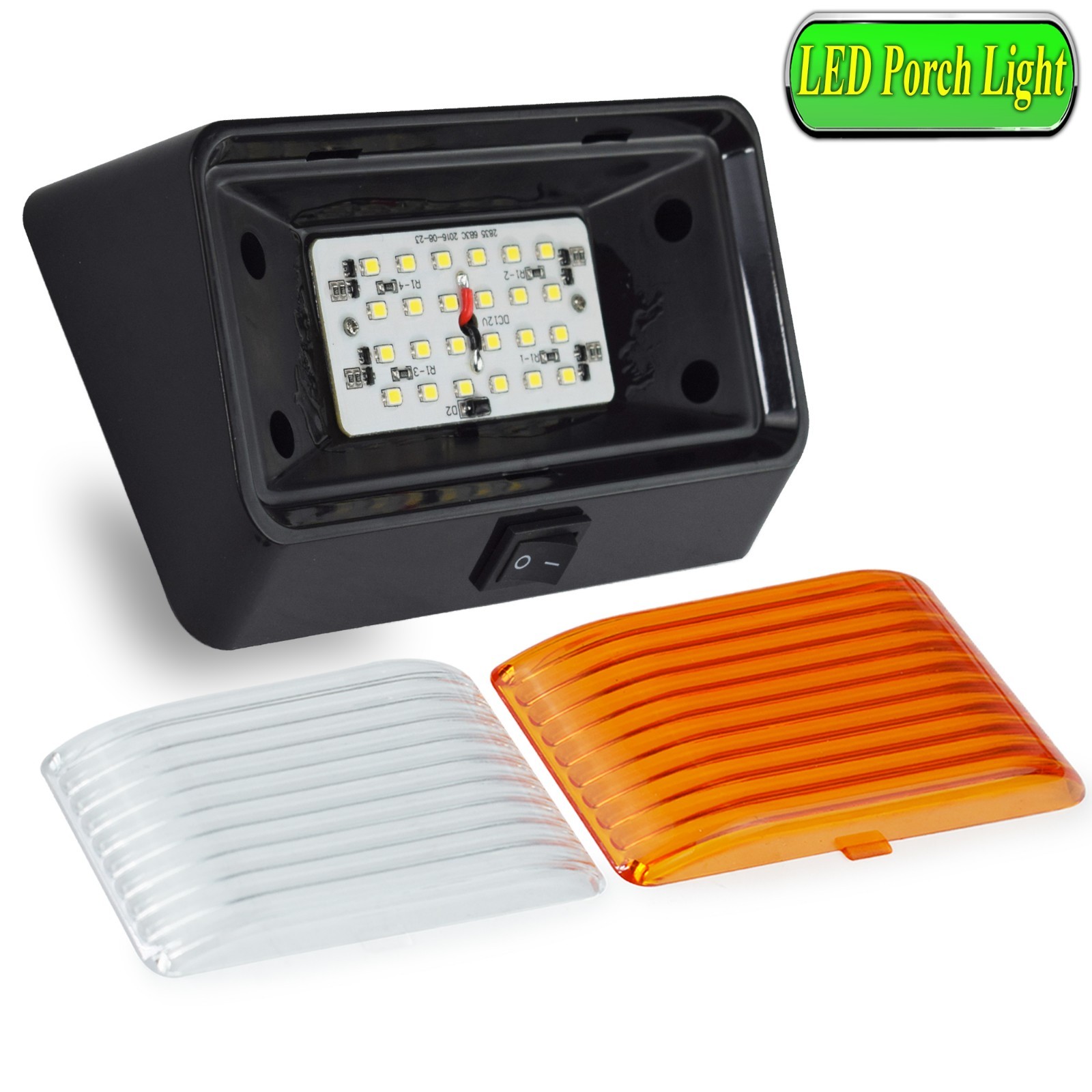 2 Black RV LED Porch Light rectangle clear amber lens camper RV trailer w/switch