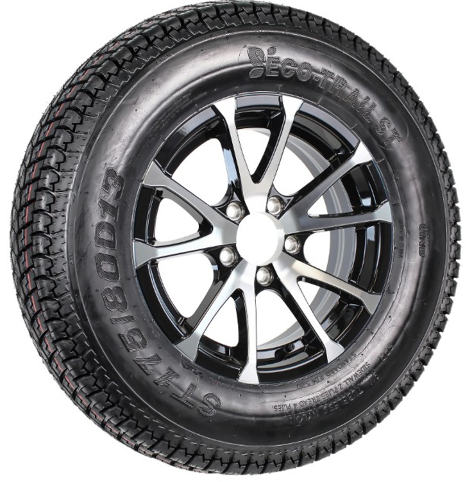 Trailer Tire Rim Assembly ST175/80D13 13 Inch 5 Lug Avalanche Black Aluminum Rim