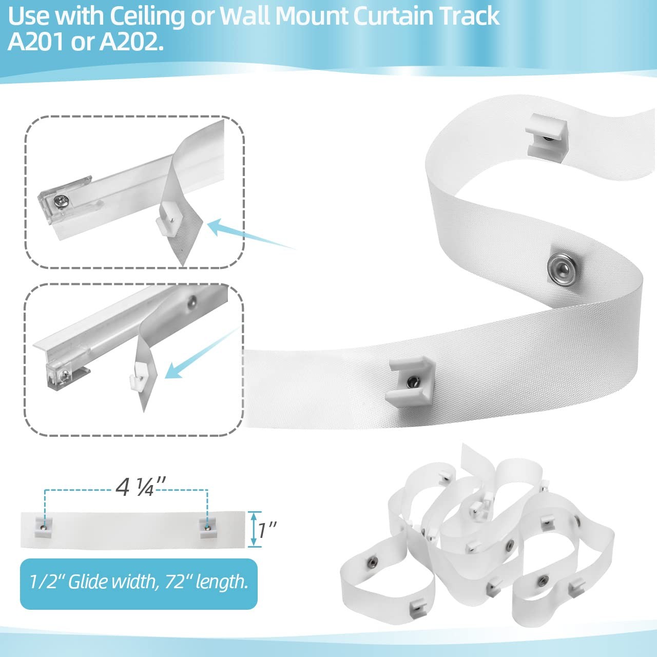 2 Pack RV Clear Glide Tape, 1/2 inch Glides, 72 inches Curtain Glide Tape A115