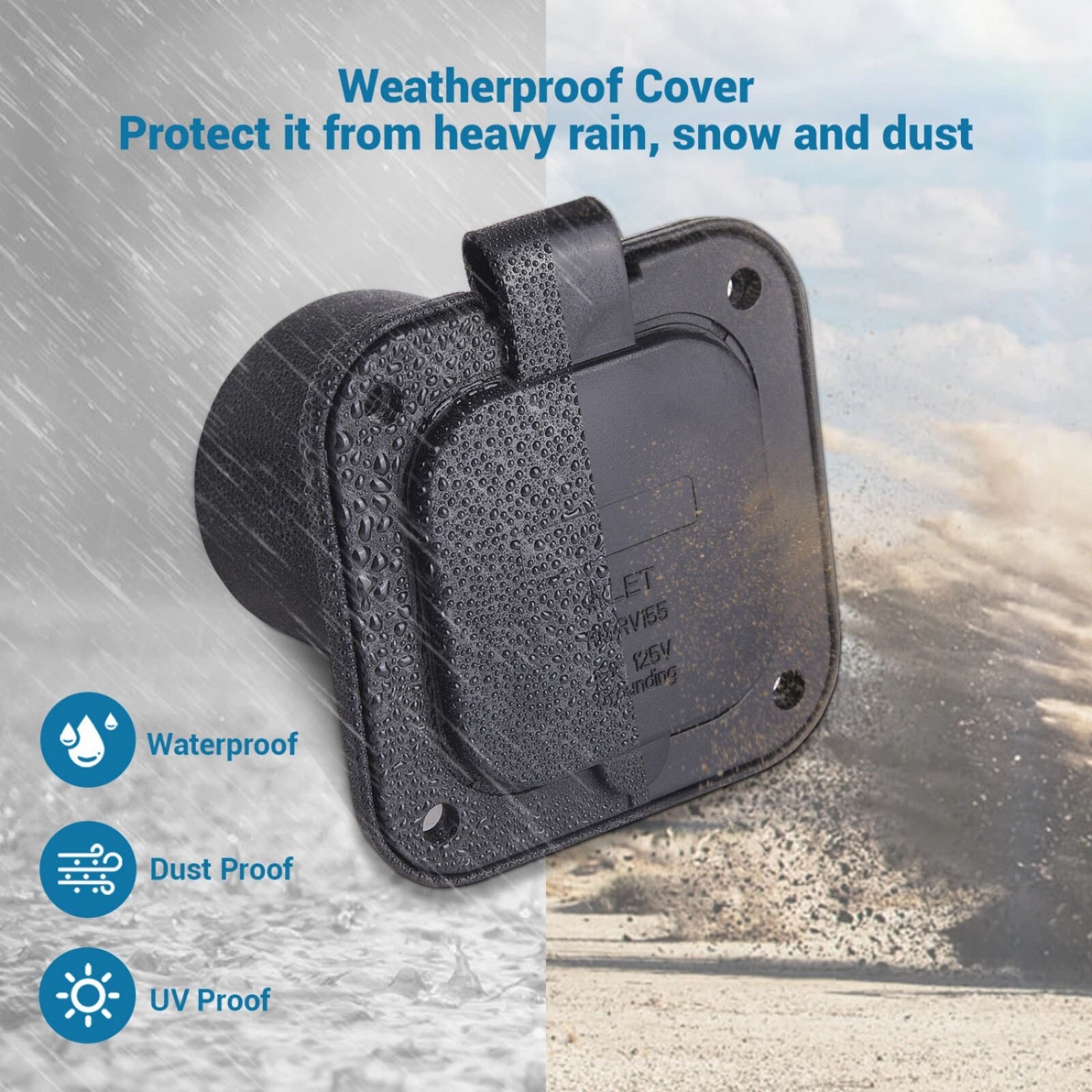 1× 15A 125V RV Power Inlet Receptacle with Waterproof Cap for Camper Marine Boat