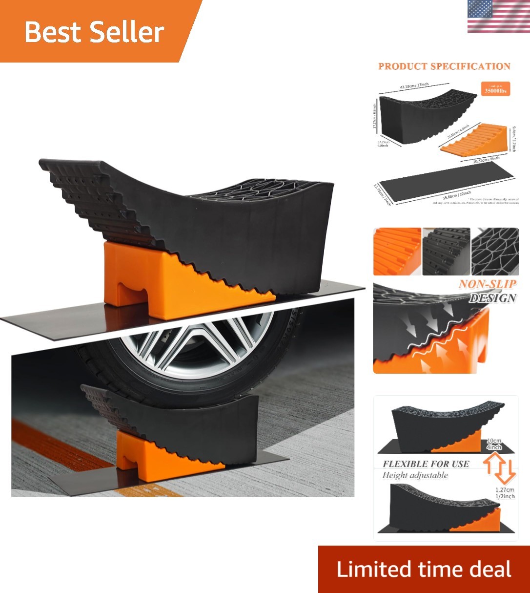 Curved Design Dual Axle Tire Change Ramp with Carrying Bag & Anti-Slip Mats
