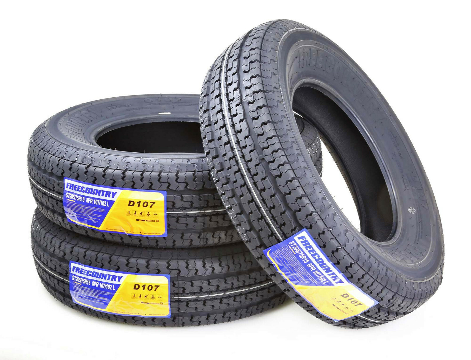 3 Trailer Tires ST205/75R15 Free Country 8 Ply Load Range D 107M w/Scuff Guard