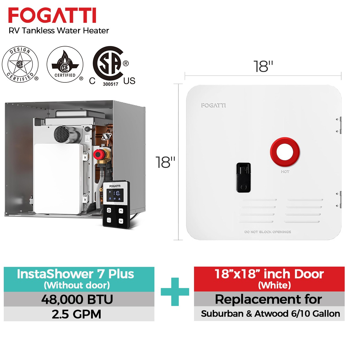 48000BTU RV Tankless Water Heater 2.5GPM w/ 18*18″ Door+Controller DC12V Trailer