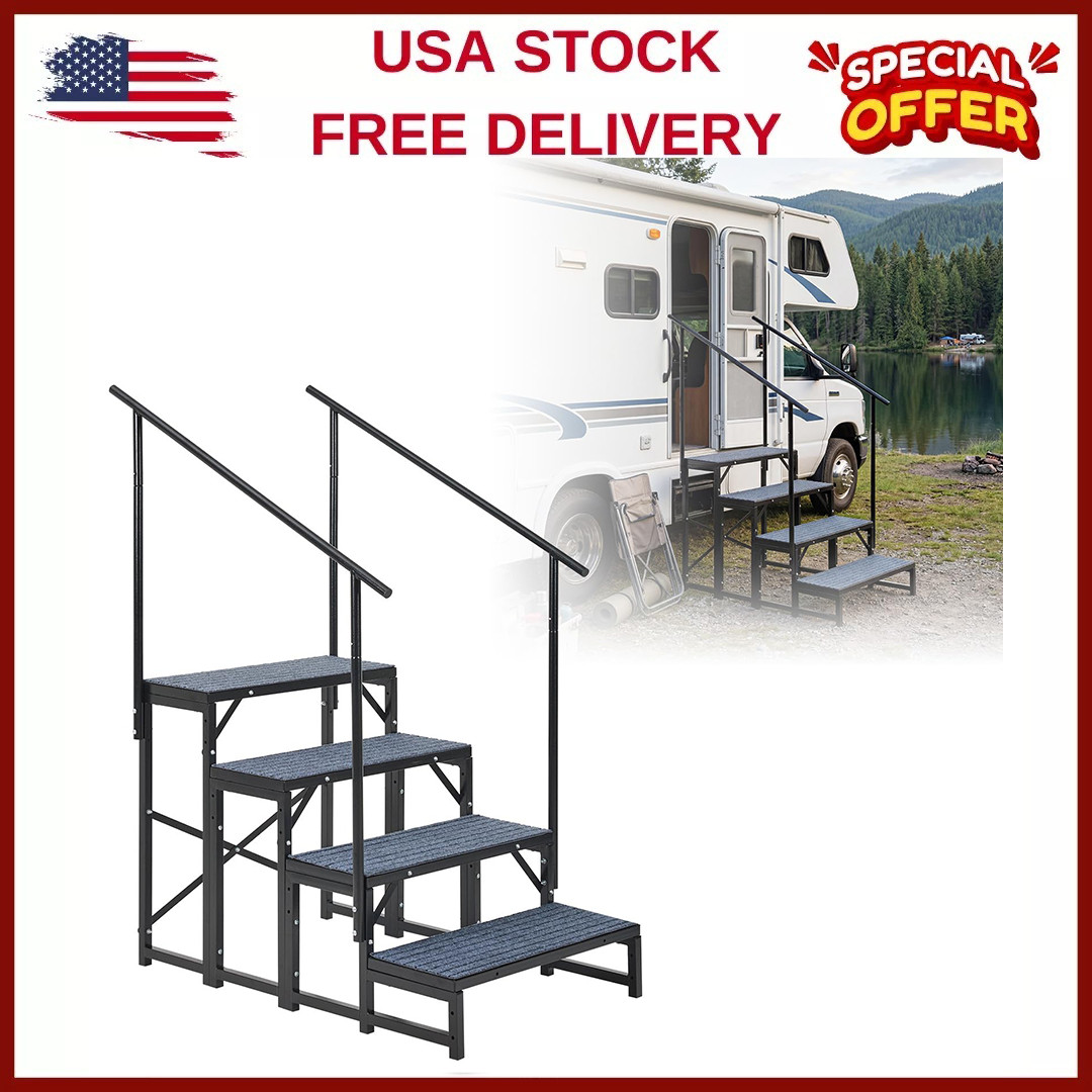 RV 4 Steps With Handrail Mobile Home Ladder Portable Stairs for RV,Hot Tub,Porch