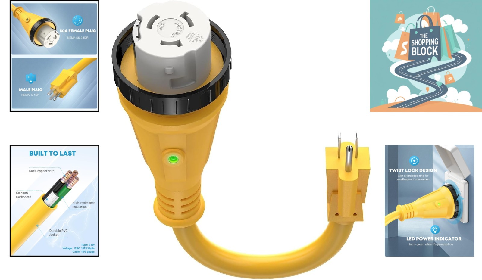 50A to 15A RV Power Adapter Cord, 12-inch, Yellow/Black, LED Indicator