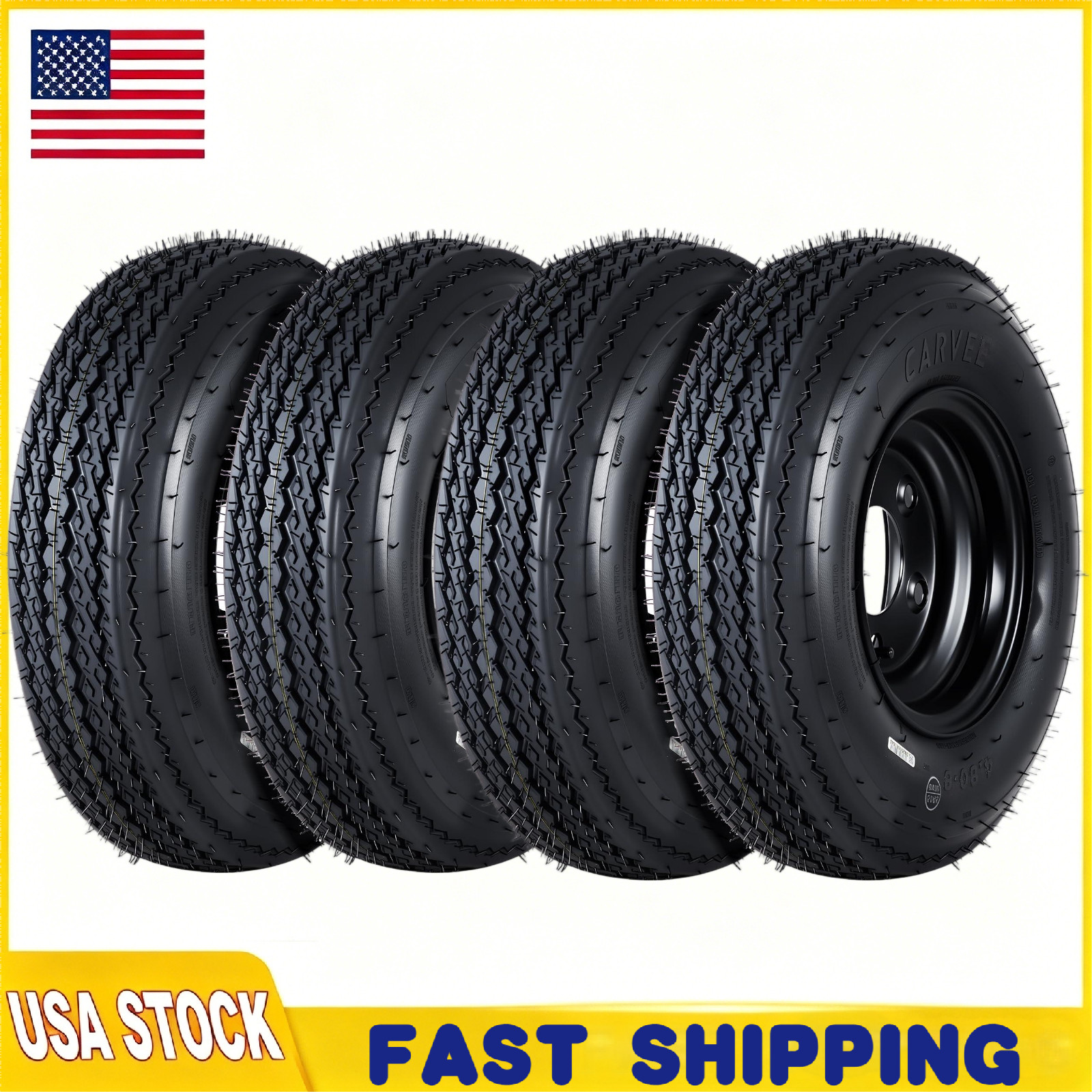 4 Pack 4.80-8 480-8 4.80×8 Trailer Tires on 8″ Rims 5 Lug Black Wheels 6PR Tire