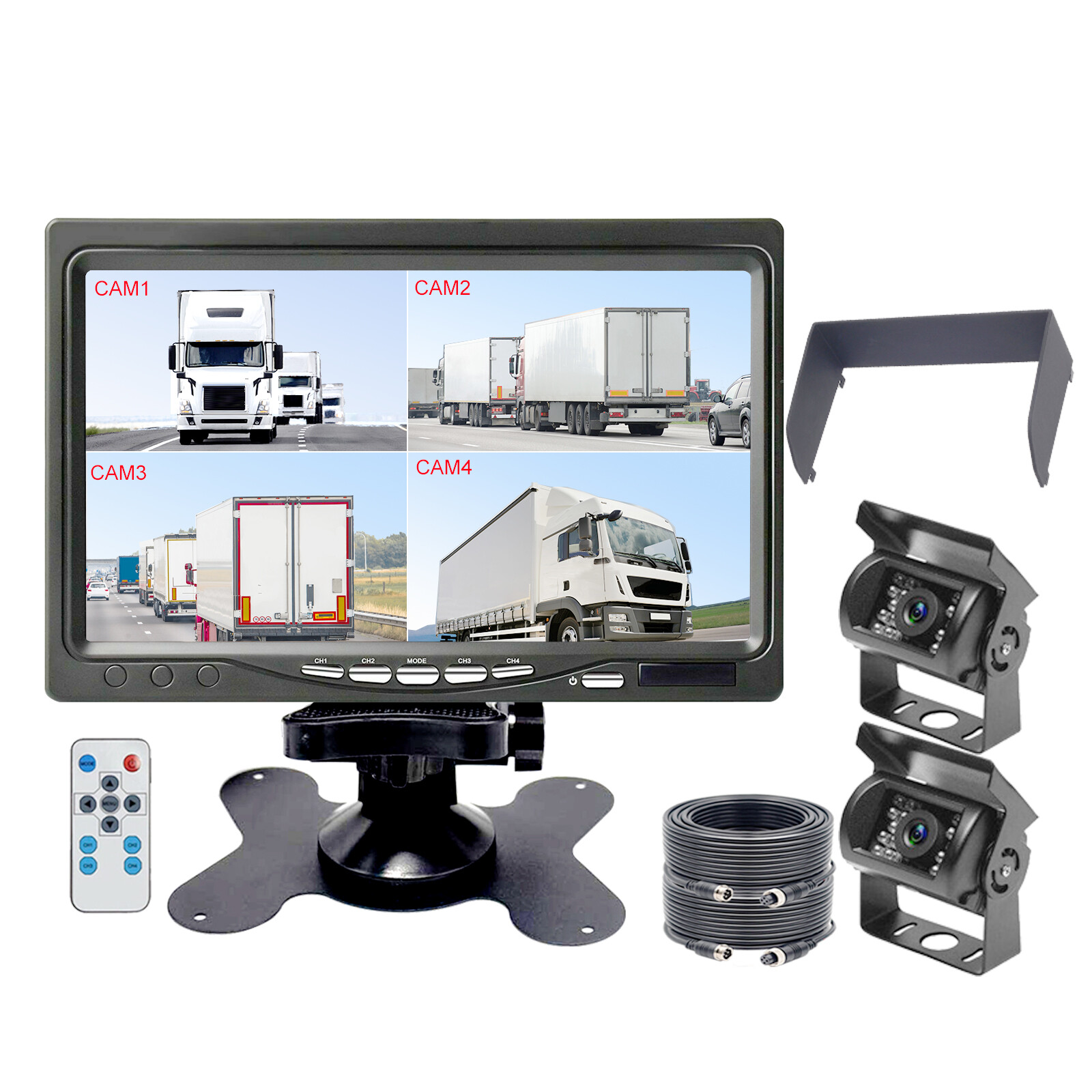 HD 7″ Quad Monitor 4ch CCD Backup Camera IP69 Night Vision For Truck Reversing