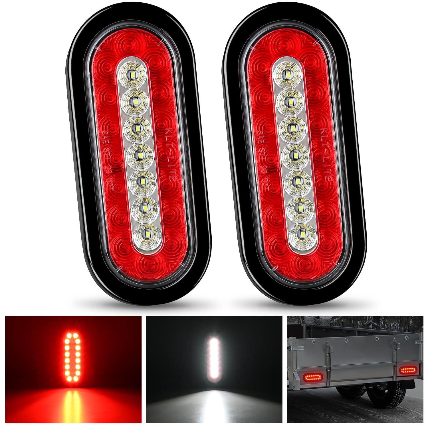 2PCS 6Inch Oval LED Trailer Tail Lights Red White 23LEDs w/Flush Surface Moun…