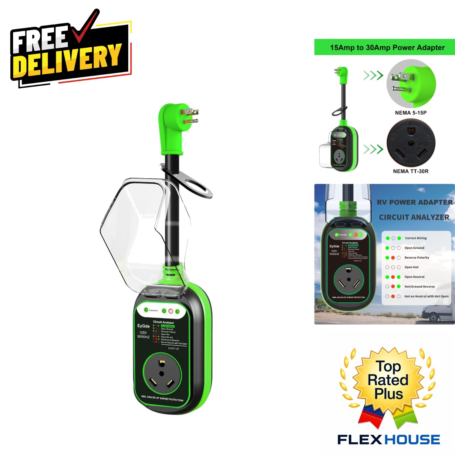 Patented 15A/30A RV Adapter with Circuit Analyzer & Surge Safety Features