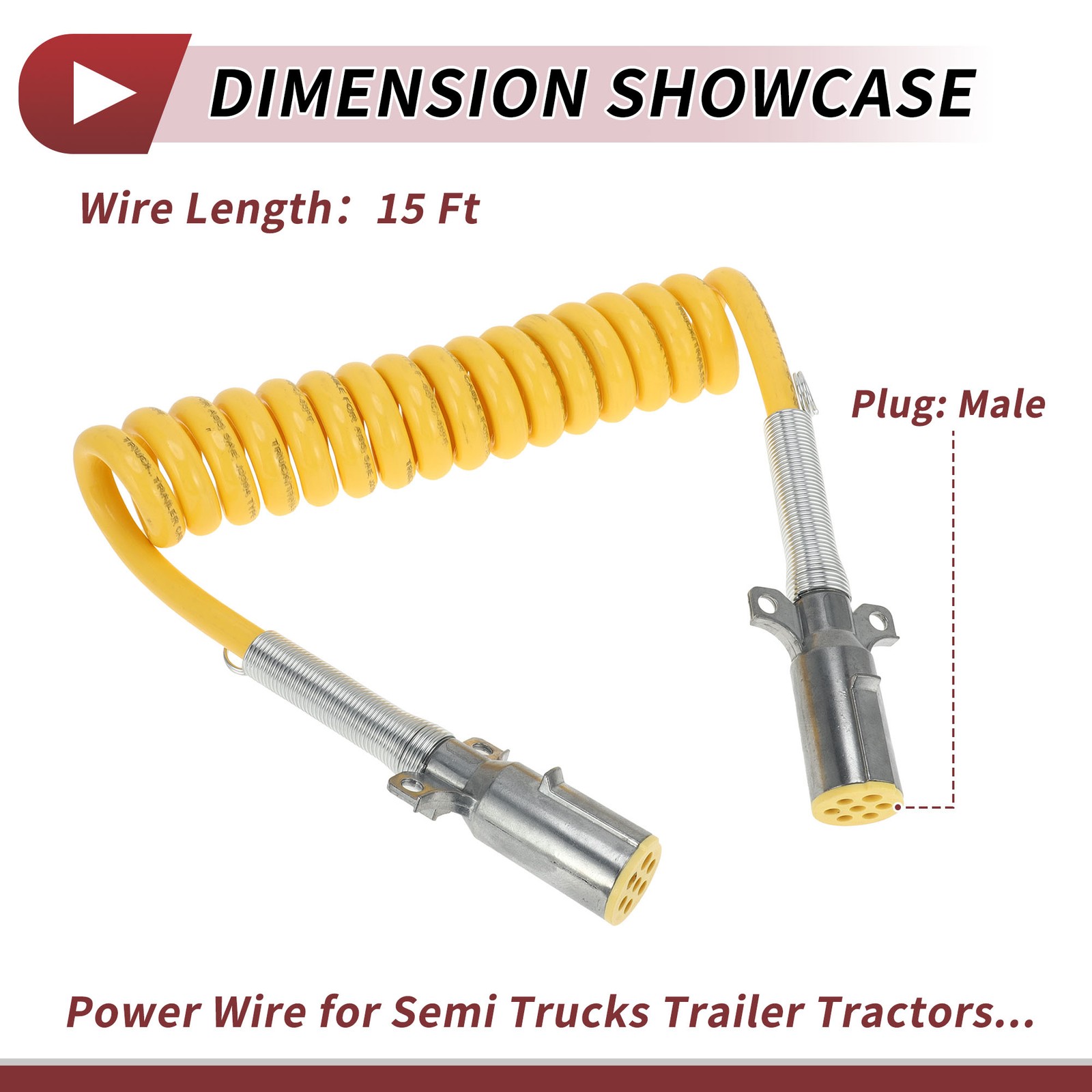 15 Feet 7 Way Coiled Electrical Power Trailer Cord Wire Zinc Alloy Male Plug