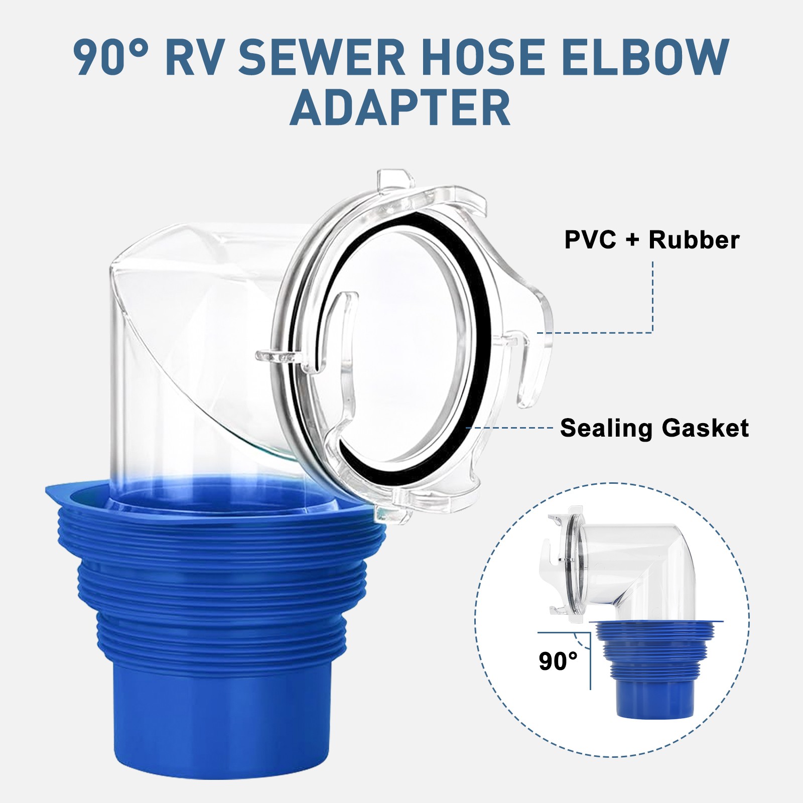RV Sewer Hose Elbow 90° Clear Fitting w/ 4-in-1 Adapter 3″ 3.5″ 4″ NPT Connector