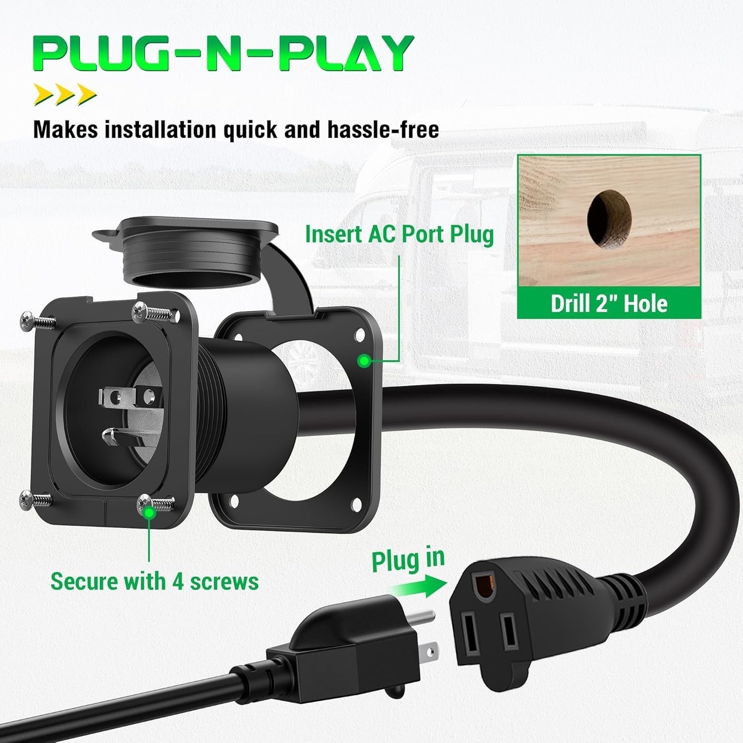 15A AC Port Plug 125V Shore Power Inlet w/ Integrated 18″ Cord for Boat Marine