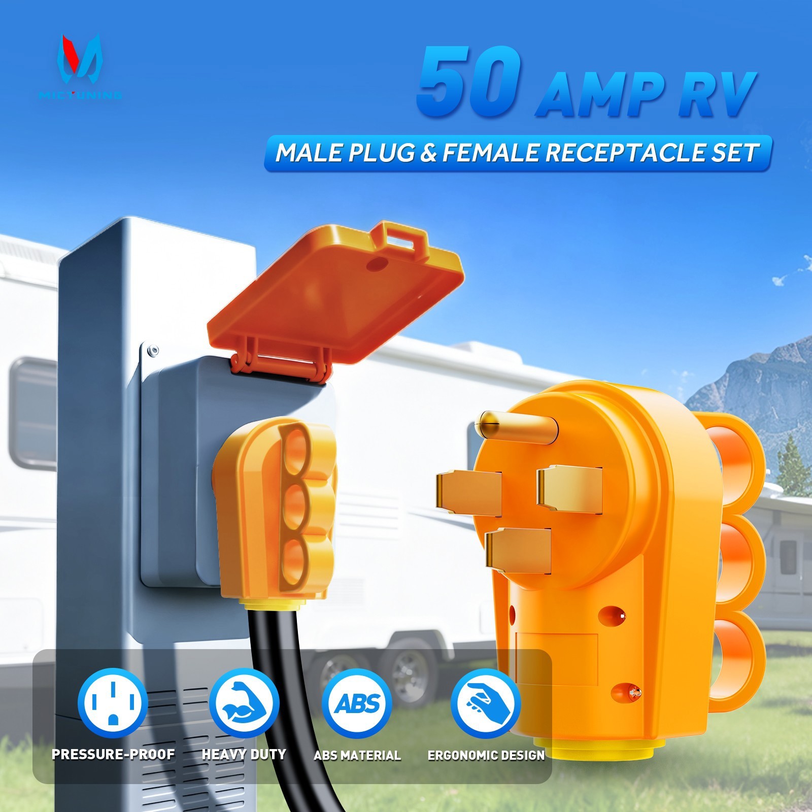 50 Amp RV Male and Female Plug Set 14-50P and 14-50R Receptable 125V/250V Volt