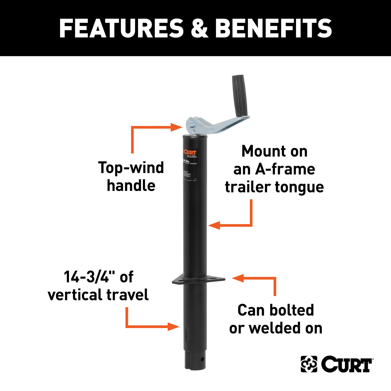 Trailer Jack CURT 28202 Top Wind A-Frame Jack w/ Top Handle (2K lbs, 15″ Travel)