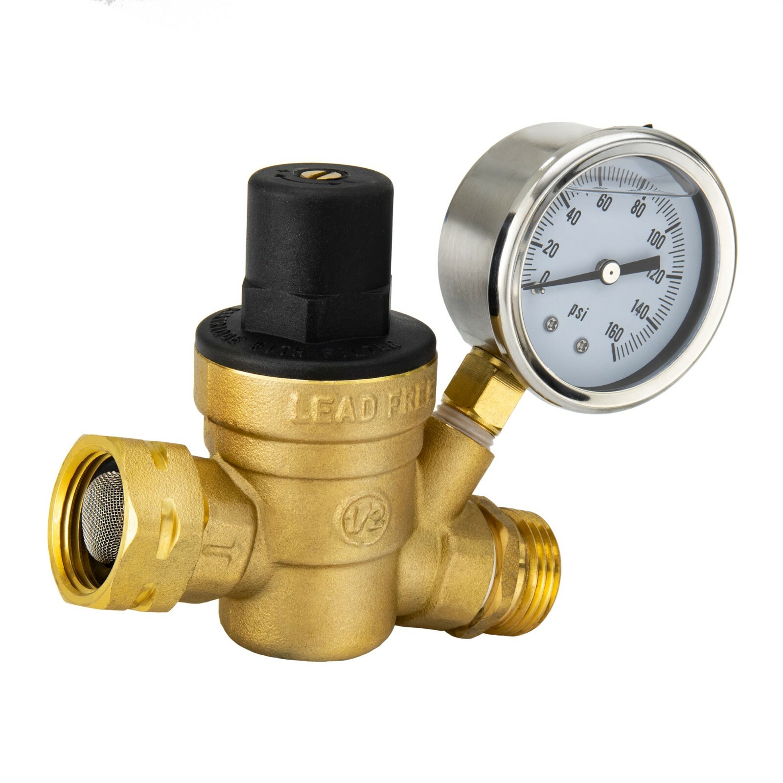 Brass Water Pressure Regulator Valve Knob RV Plumbing Hookup Hardware with Gauge