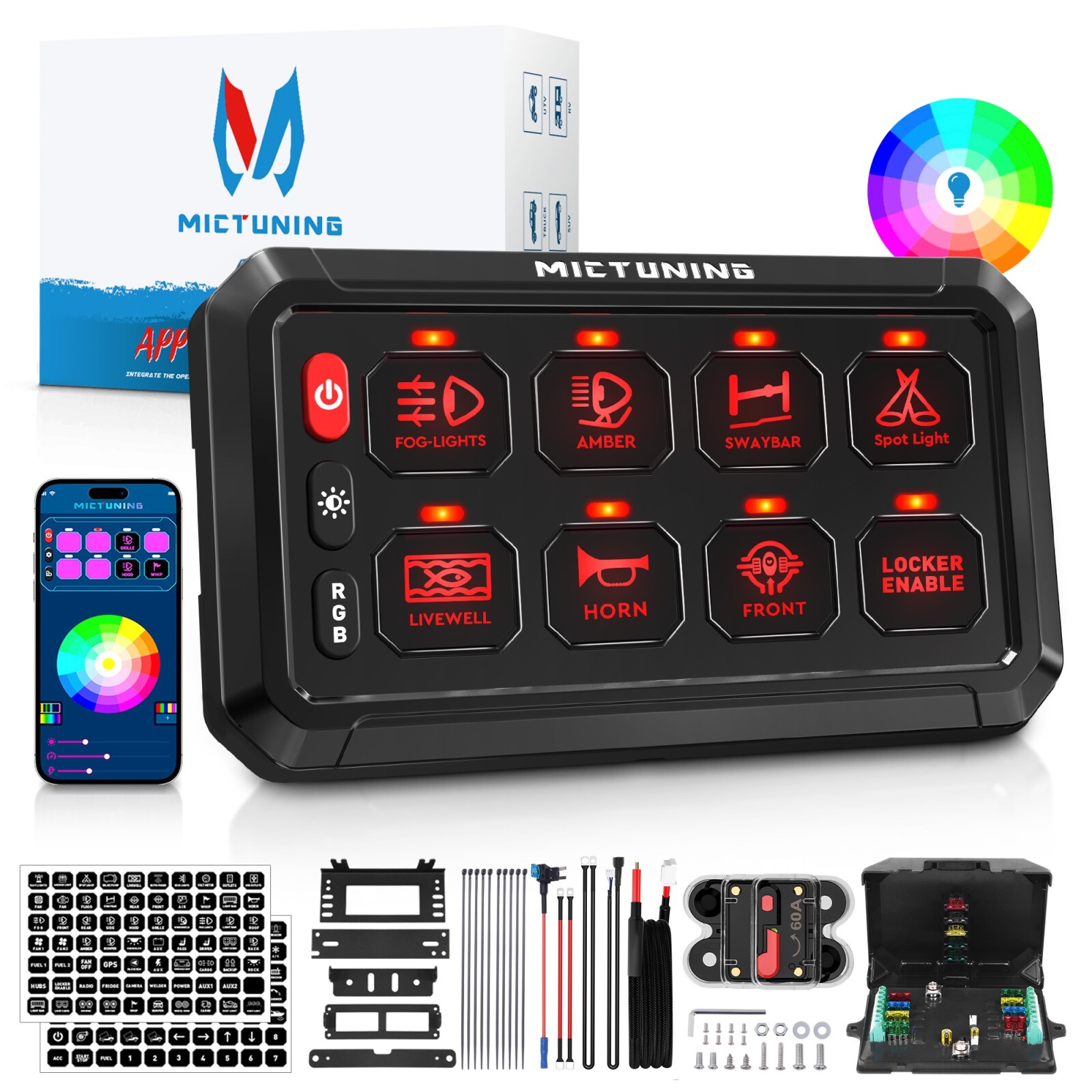 MICTUNING RGB 8 Gang Switch Panel – App Control Multifunction Toggle Switch Box