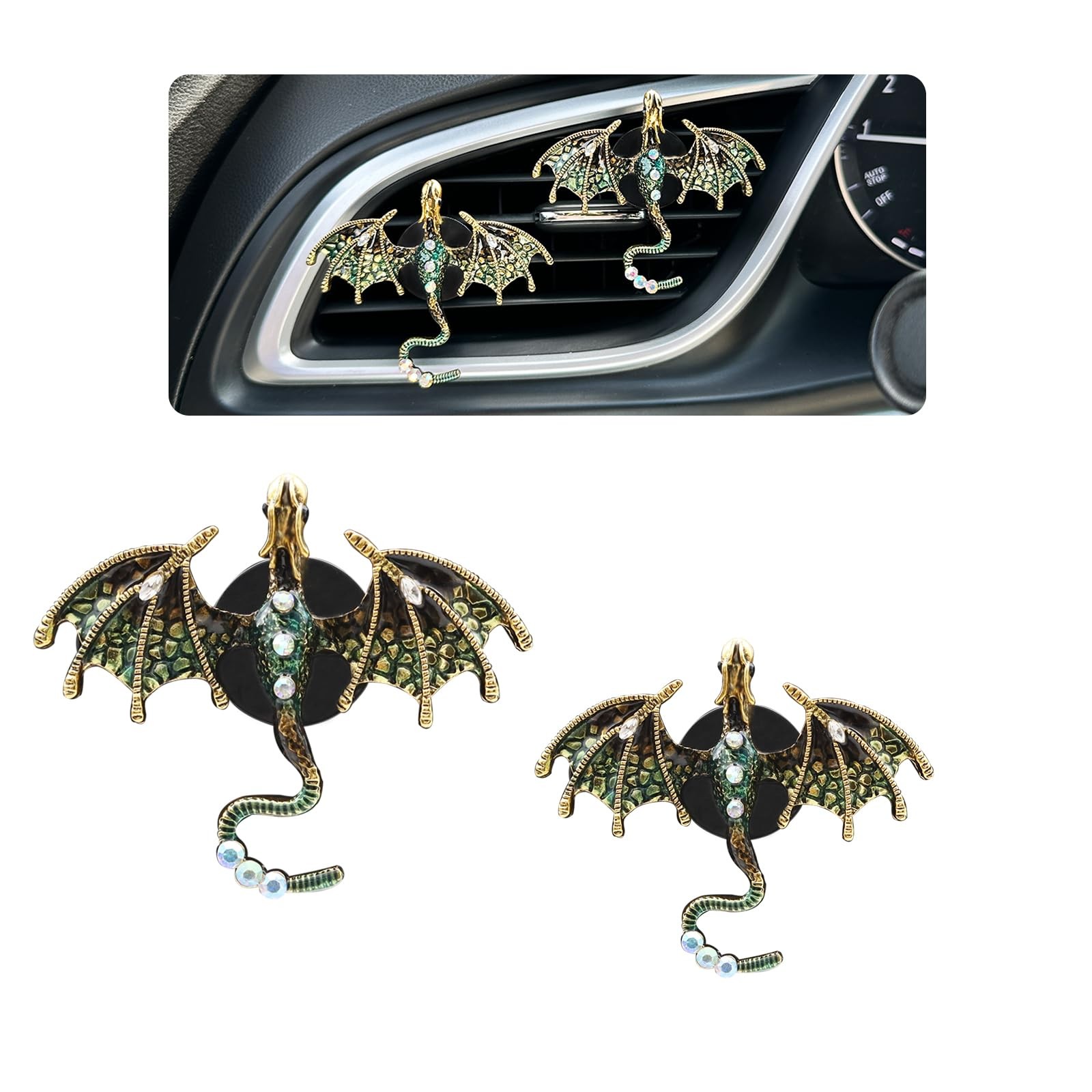 ORIESSE Dragon Car Accessories 2pcs Bling 1 Count (Pack of 2), Green,gold