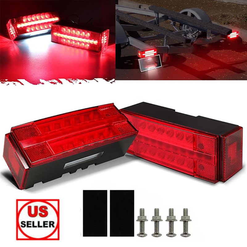 Left + Right LED Red Trailer Boat Rectangle Stud Stop Turn Tail Lights w/ Screws