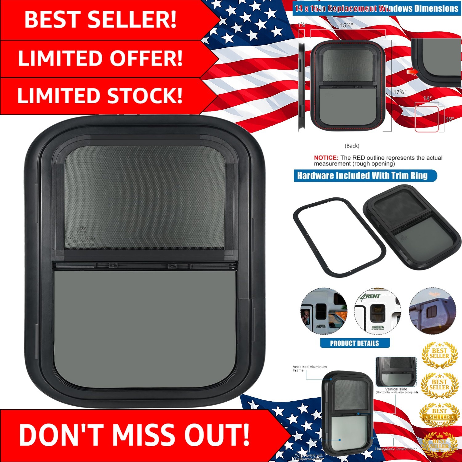 Protective 14×16 Tinted RV Window – Corrosion Resistant & Ventilation Design