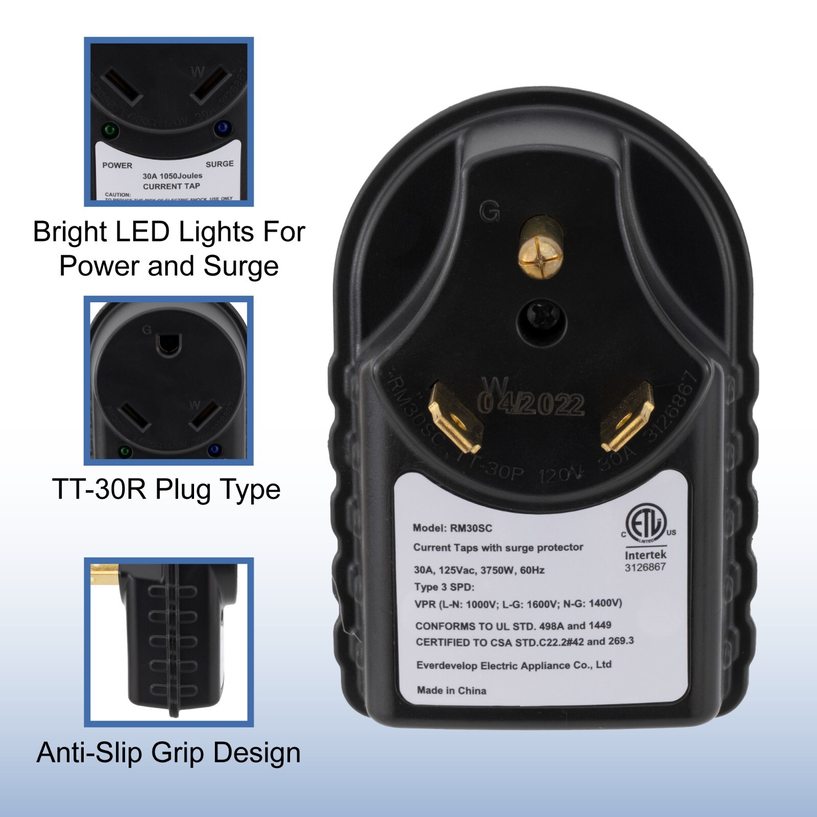 RecPro RV 30 or 50 Amp 125V Adapter Surge Protection Plug with LED Indicator
