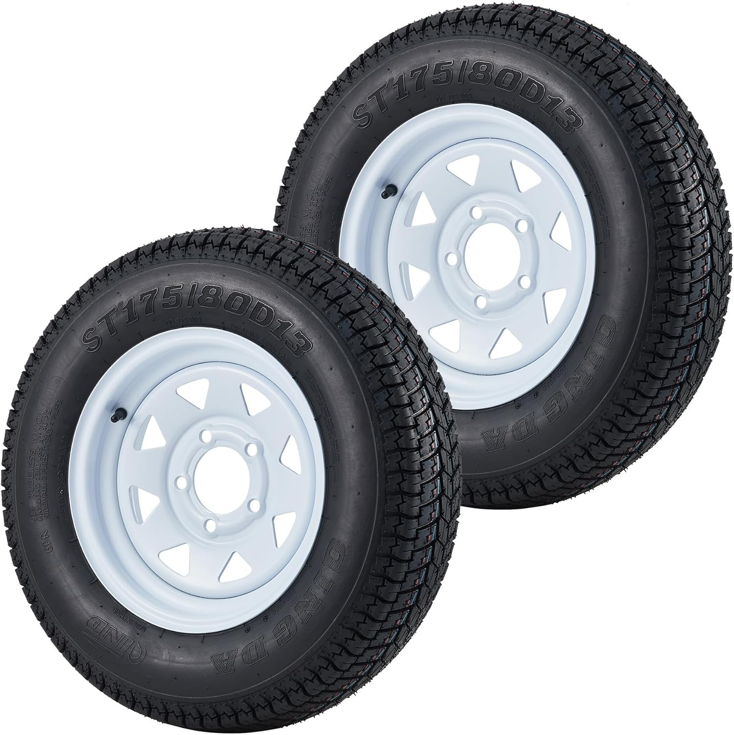 2PCS Trailer Tires ST175/80D13 13 in Rims, 5 Lug on 4.5 in, Load Range C, 6PR