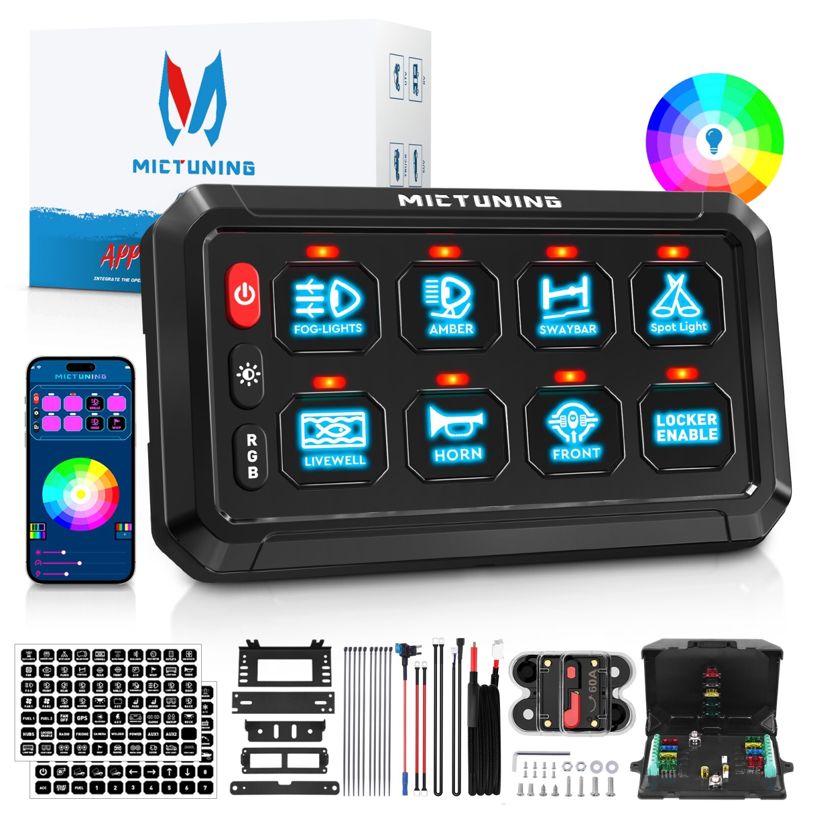 MICTUNING RGB 8 Gang Switch Panel – App Control Multifunction Toggle Switch Box