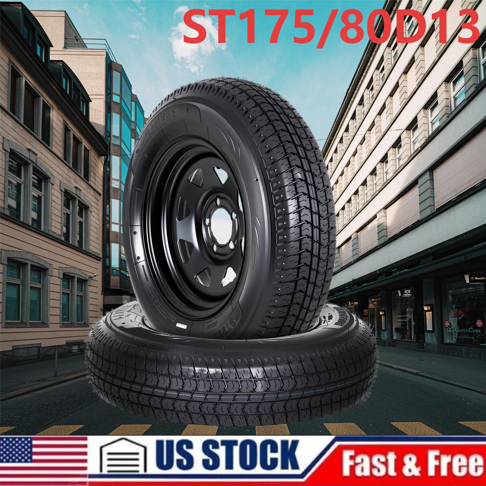 🔝SET 2 ST175/80D13 175 80 13 Trailer Tire & Wheel Black Spoke 6PR 5 Lug on 4.5″