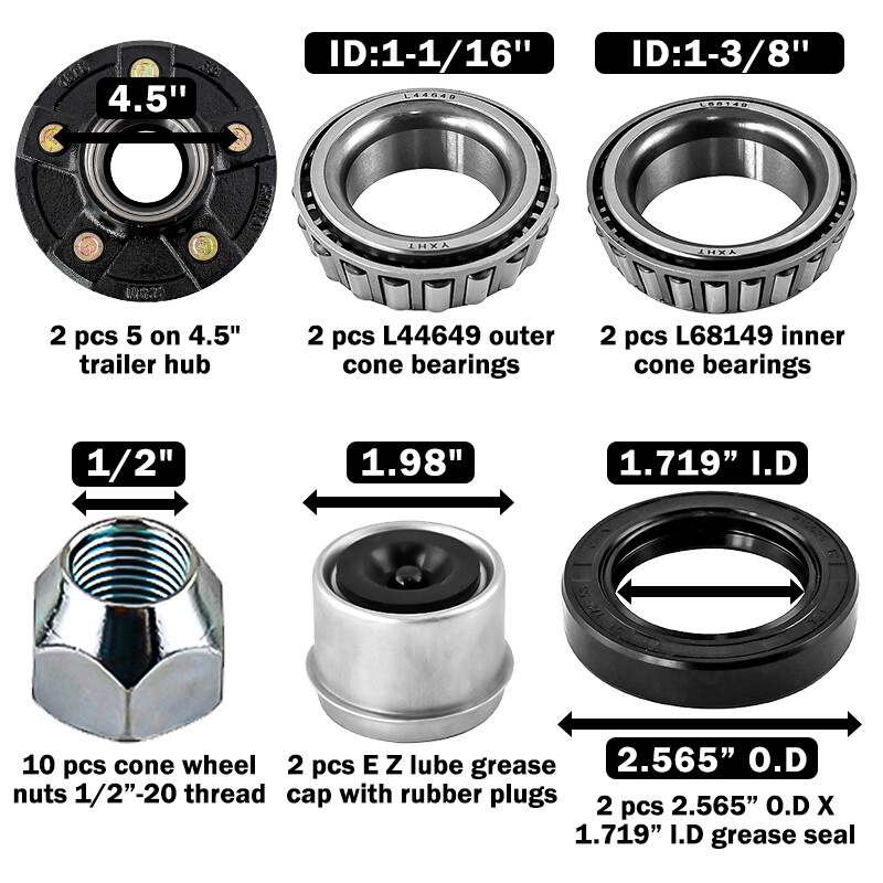 Trailer Idler Hub Kit 5 on 4.5 for 3500 lbs Axle 1-1/16 to 1-3/8” Tapered Axle