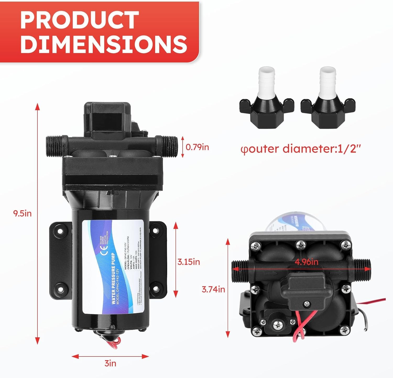 4048-153-E75 RV Water Pump，12V 4.5 GPM, 55 PSI, 12 Amps Multi-Fixture Black