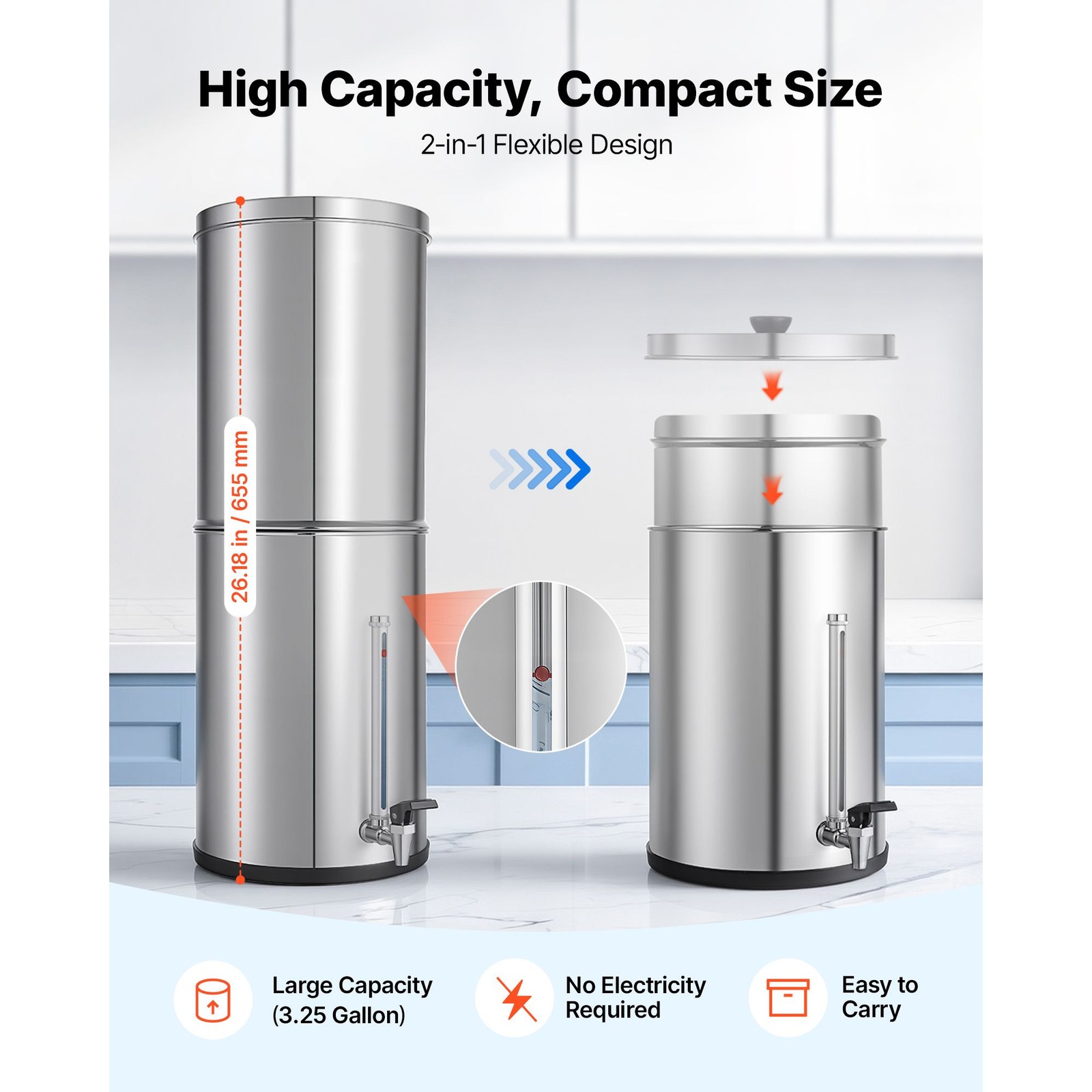 304 Stainless Steel Gravity Water Filter 3.25G NSF Certified w 2 Filters