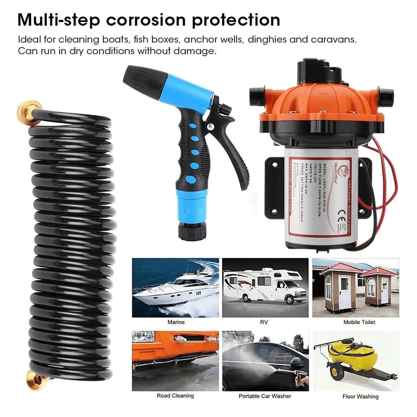 12V High Pressure 80PSI Water Pump Deck Washdown Kit 7GPM For Cleaning Boats