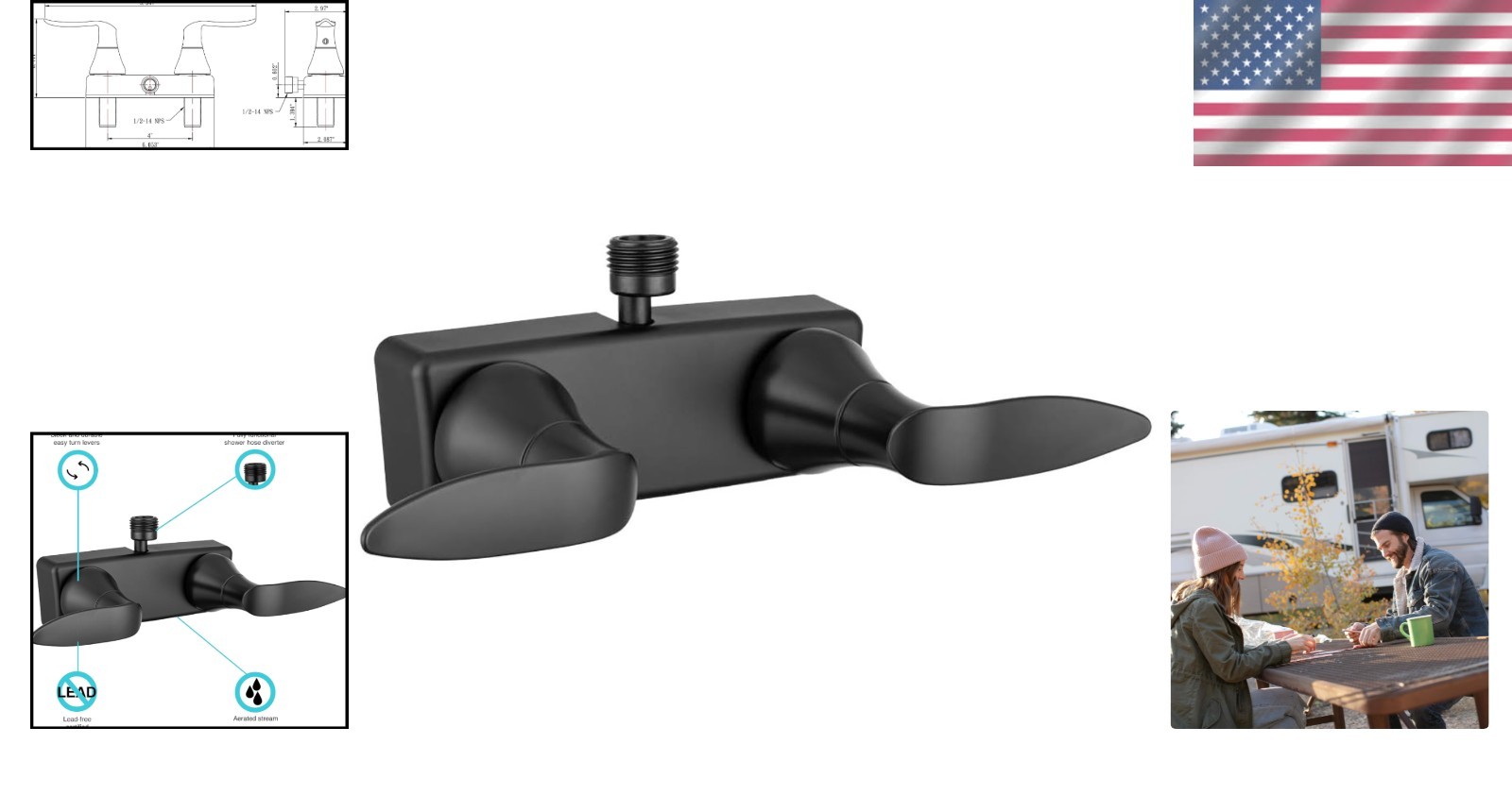 Compact Wall-Mount Shower Faucet with Traditional Spout & Diverter – Matte Black