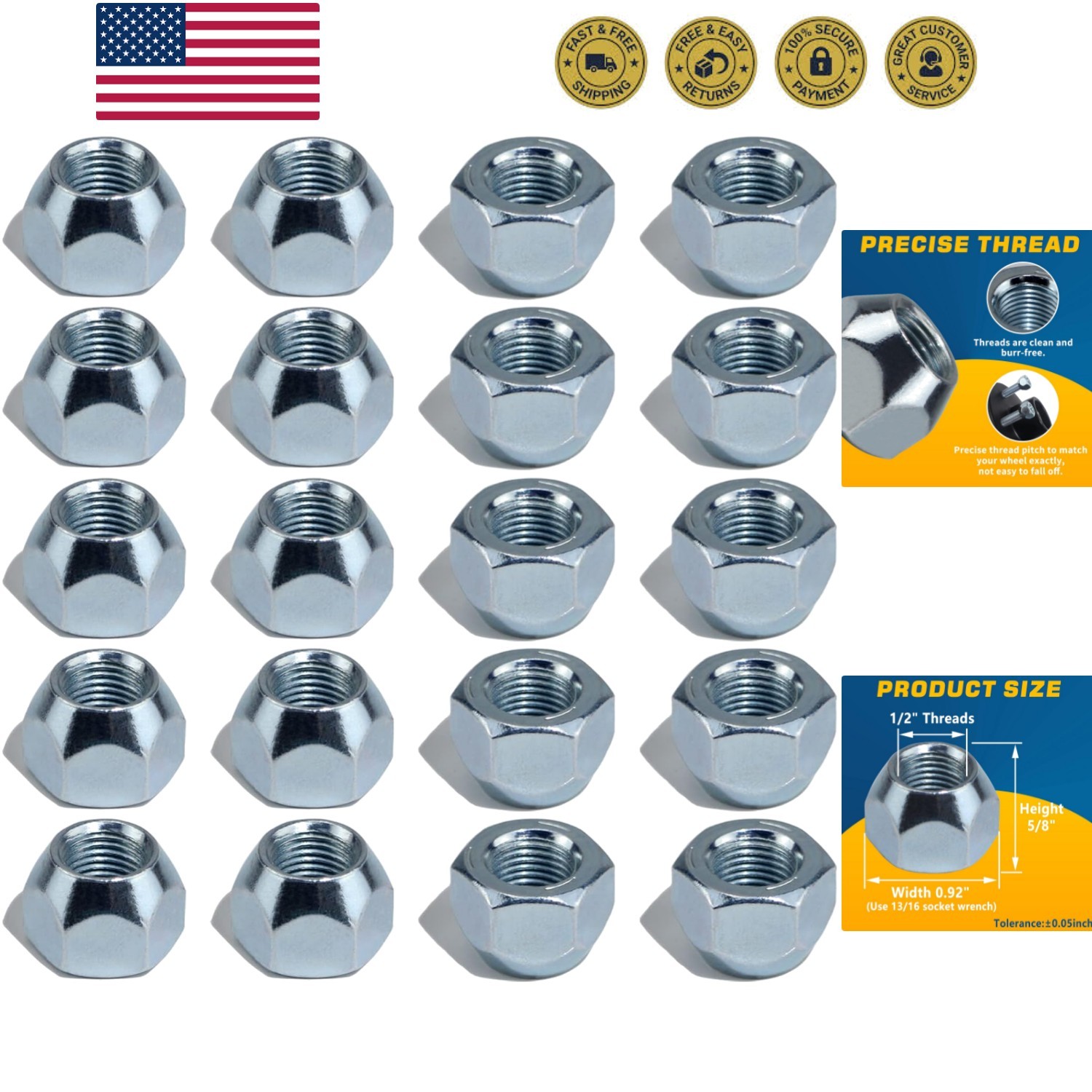 20pcs 1/2”-20 Trailer Lug Nuts, Trailer Wheel 509 Lug Nut Axle Hub Tire Lugs…