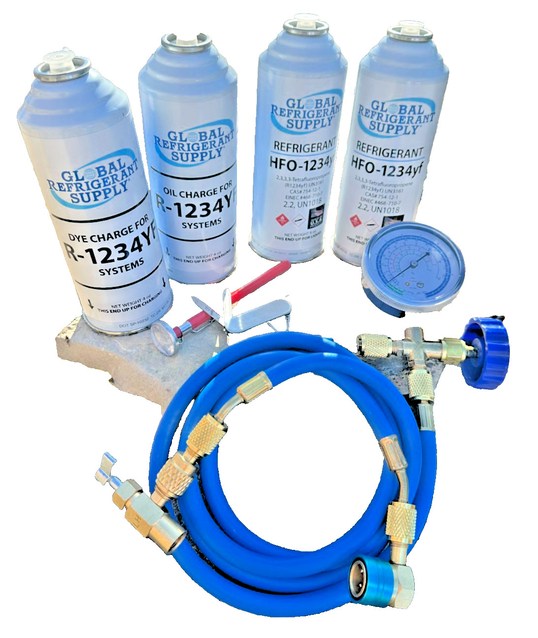 R1234yf, (2) 8 oz Cans, Oil Charge, UV Dye, Gauge Hose Professional Recharge Kit