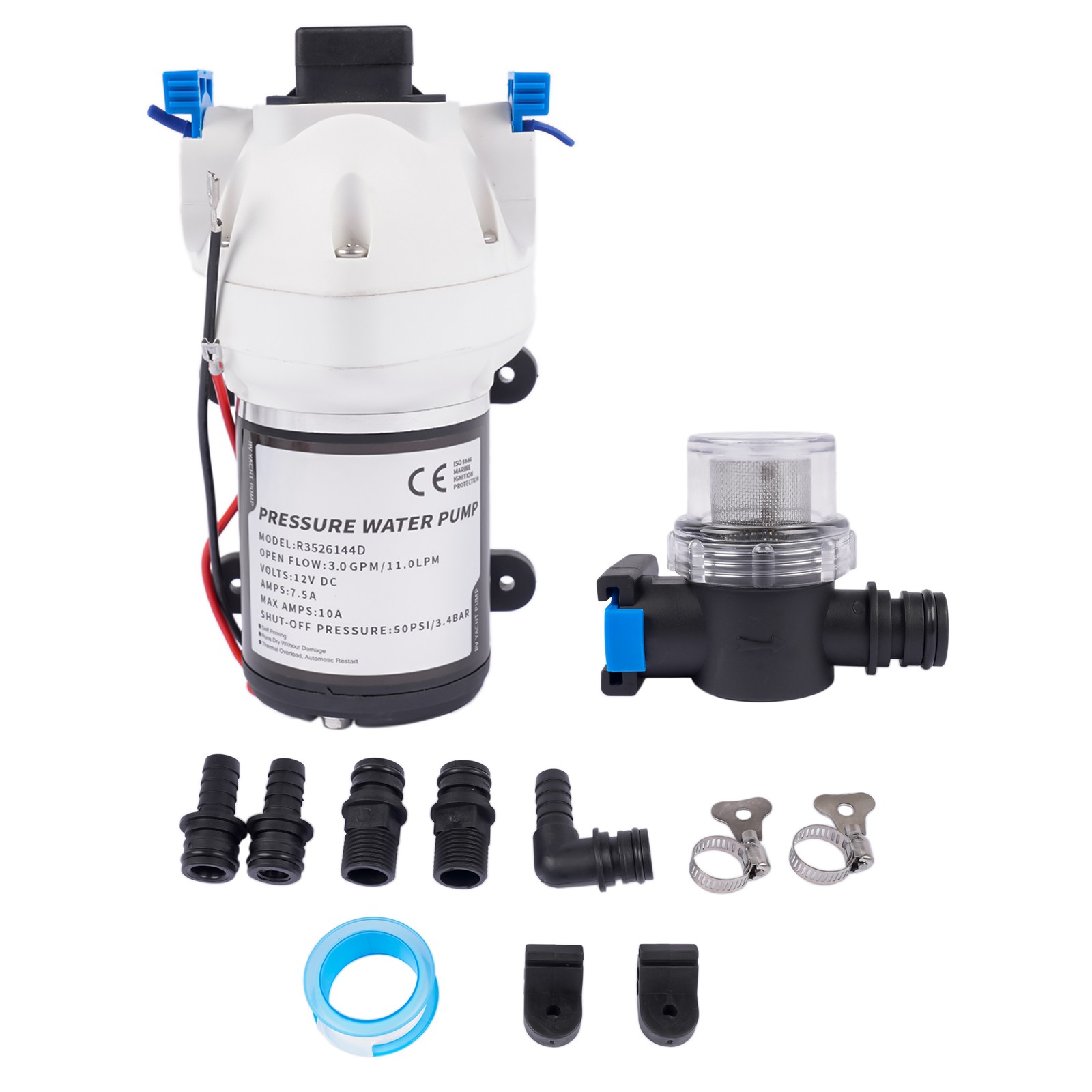 12V RV Diaphragm Water Pump 3 GPM 50 PSI R3526144D w/ Pressure Switch & Strainer