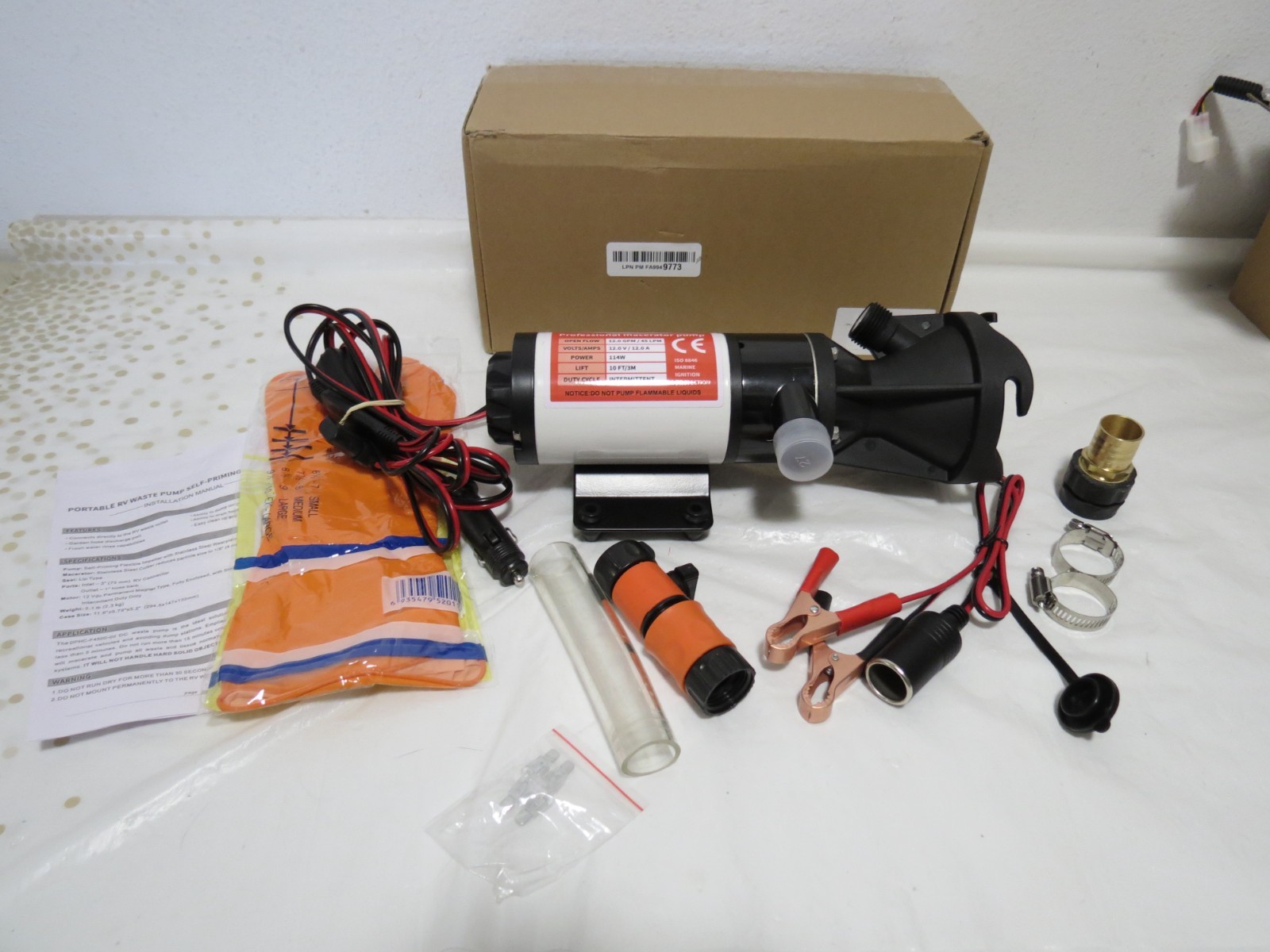 RV Macerator Pump 12V,12GPM Suction 3.2 feet Lift 10 ft w/ Garden Hose Discharge