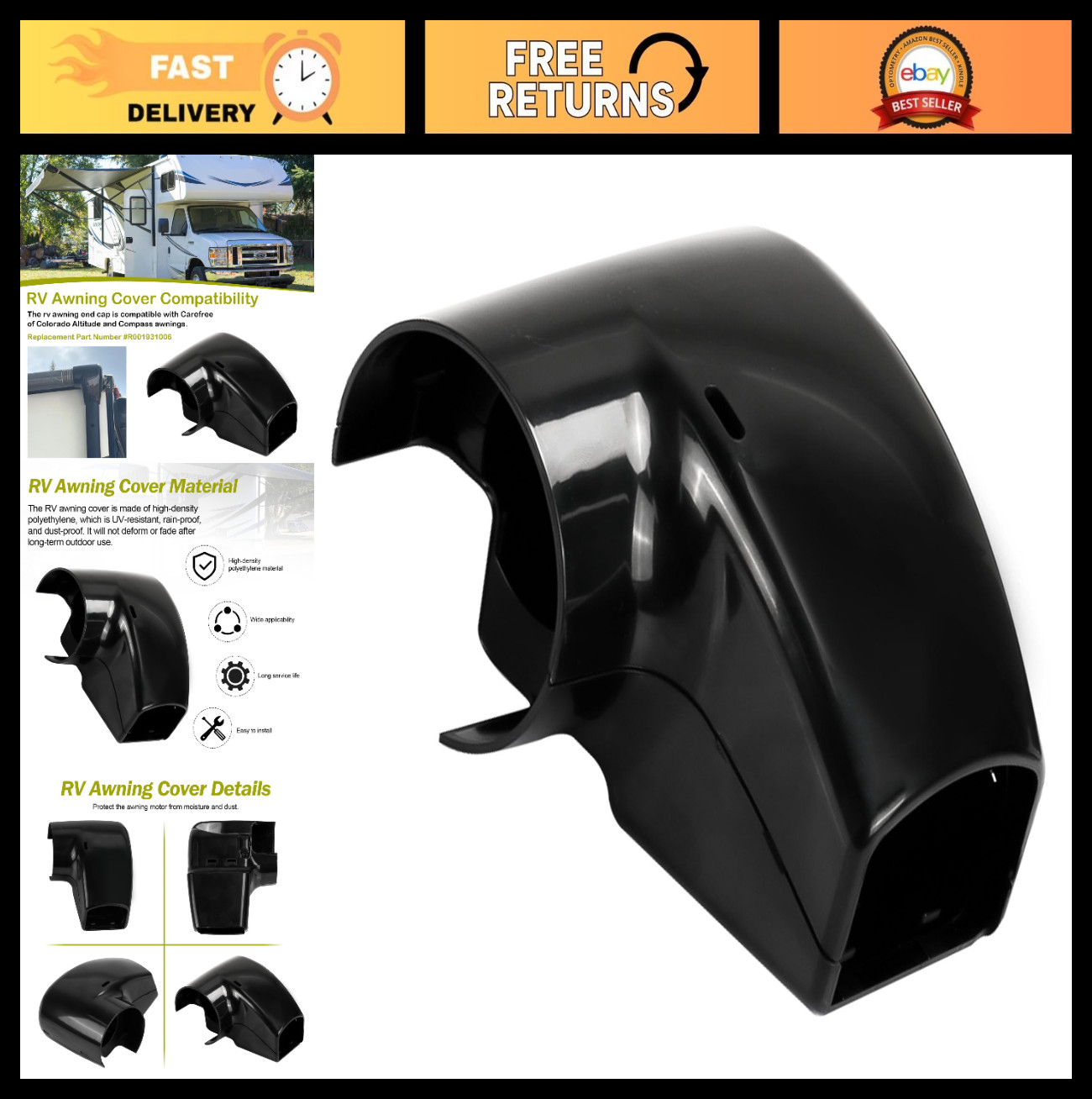 RV Awning Right Arm End Cap & Motor Cover – Black, Fits Carefree Models, Durable