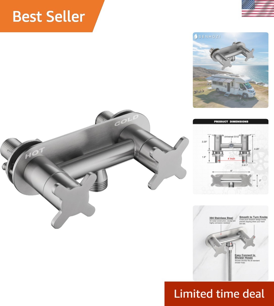 4 Inch Wall-Mounted RV Shower Faucet – Tarnish Resistant Brushed Nickel Finish