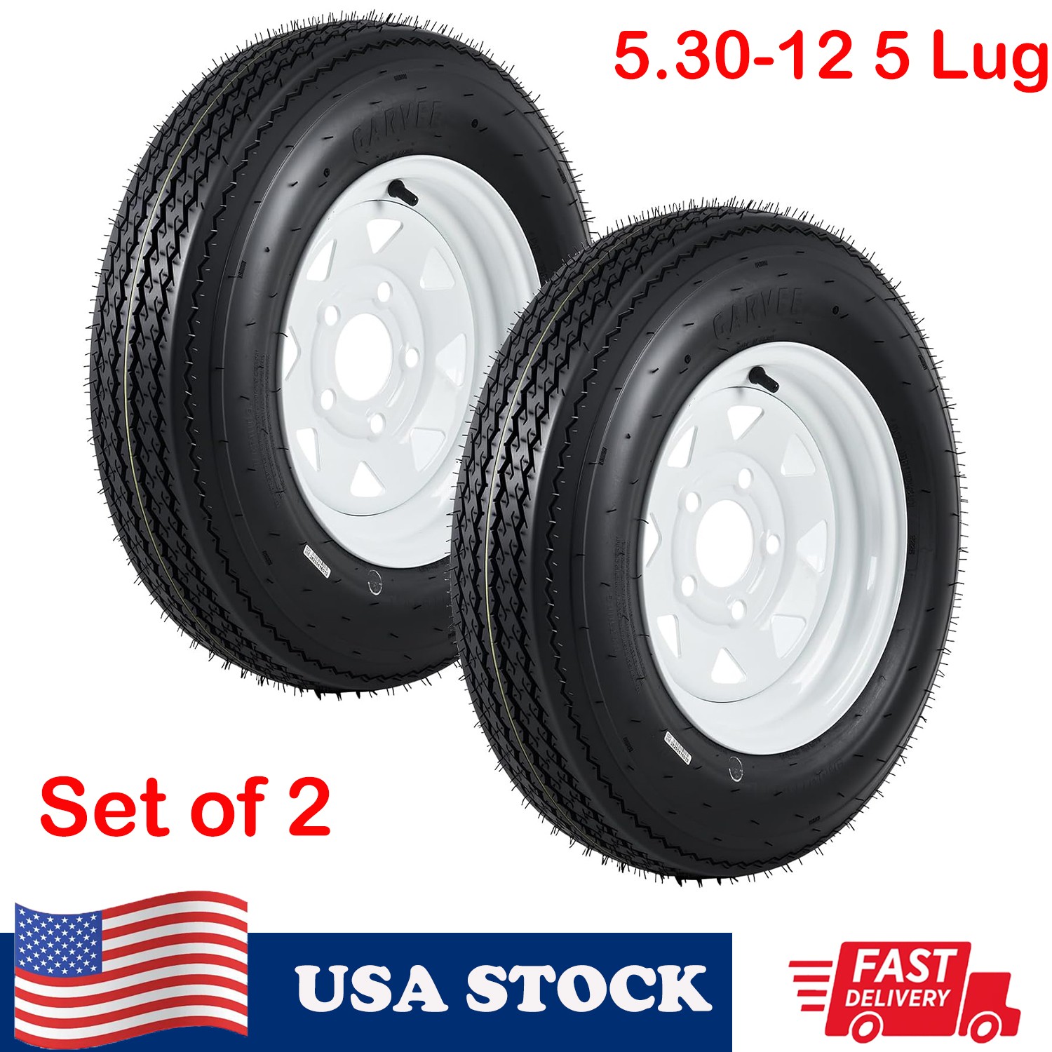 2-Pack 5.30-12 Trailer Tires with Rims 5.30×12 530-12, 5 Lug Spoke Wheels