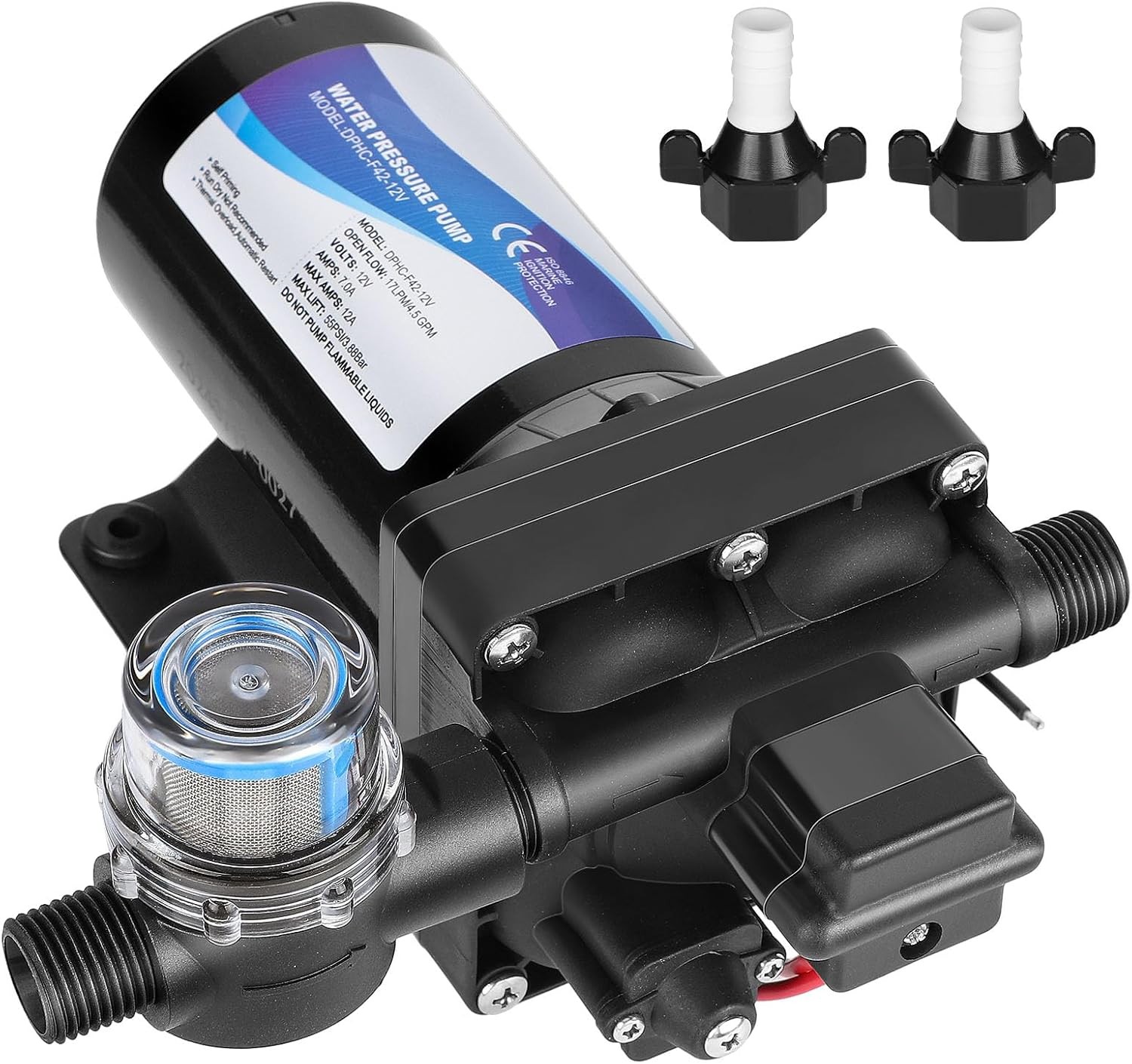 4048-153-E75 RV Water Pump，12V 4.5 GPM, 55 PSI, 12 Amps Multi-Fixture Black