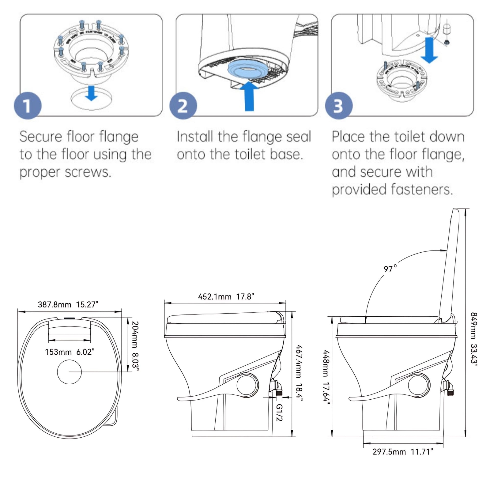 SEAFLO RV Toilet 18.5” Standard Height Gravity Flush Soft Close Seat